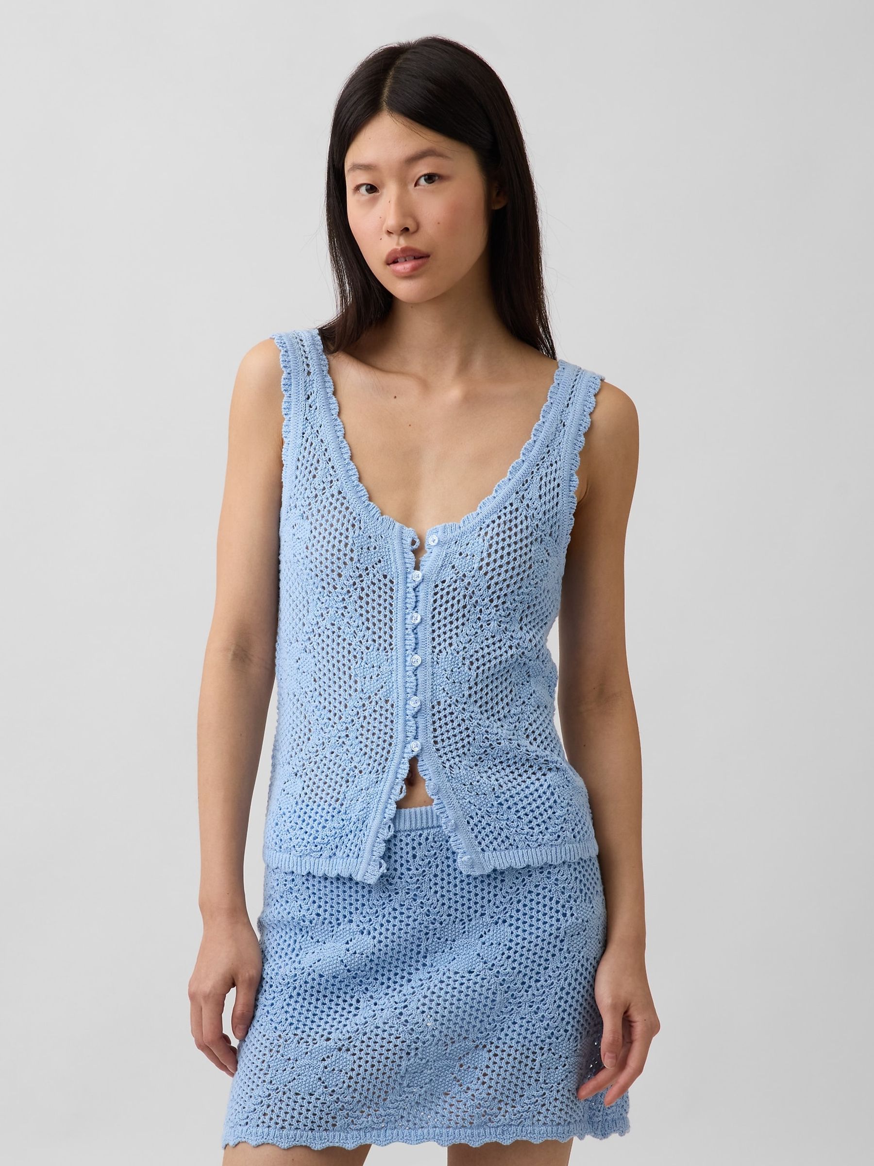 Blue Pointelle Crochet Sleeveless Vest Top - Image 1 of 4