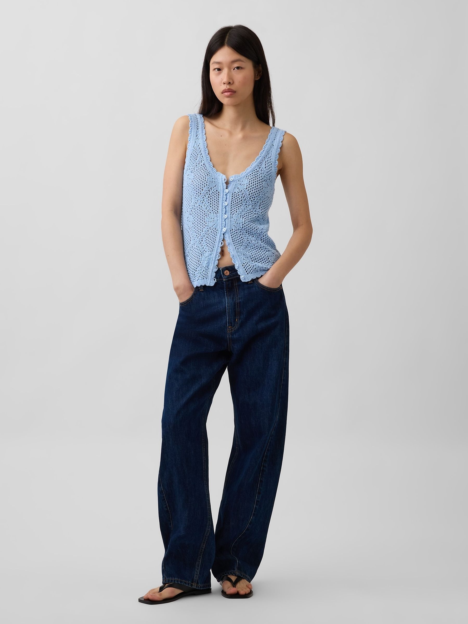 Blue Pointelle Crochet Sleeveless Vest Top - Image 3 of 4