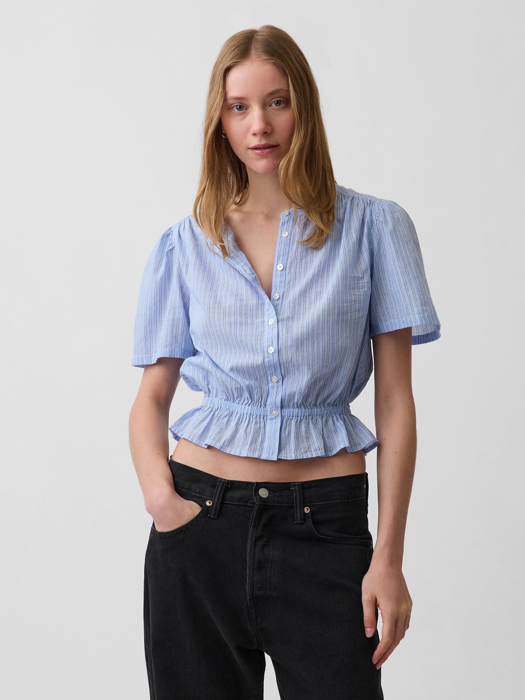 Blue Button-Front Crop Short Sleeve Peplum Top - Image 1 of 4 Blue Button-Front Crop Short Sleeve Peplum Top - Image 1 of 4
