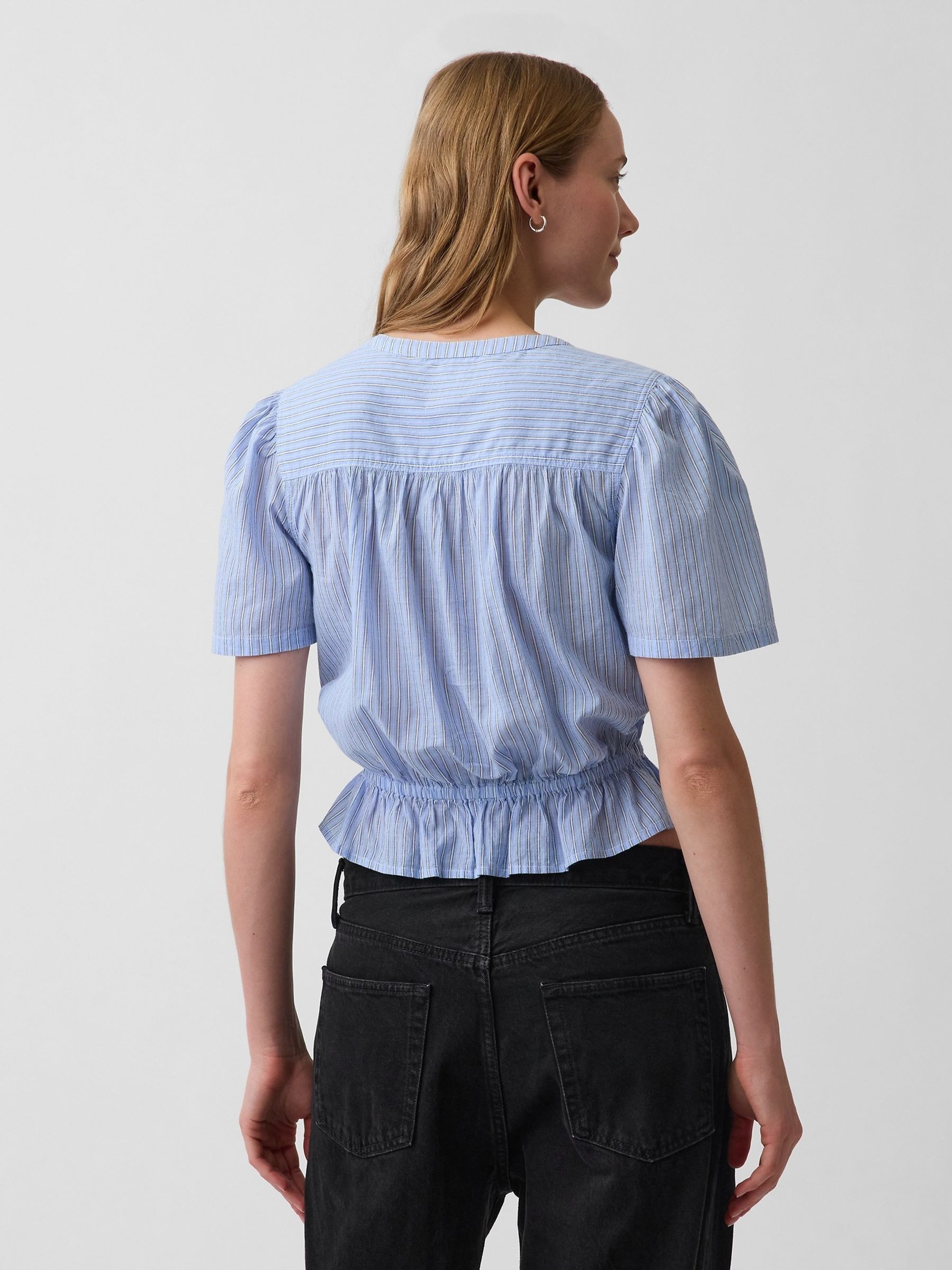 Blue Button-Front Crop Short Sleeve Peplum Top - Image 2 of 4