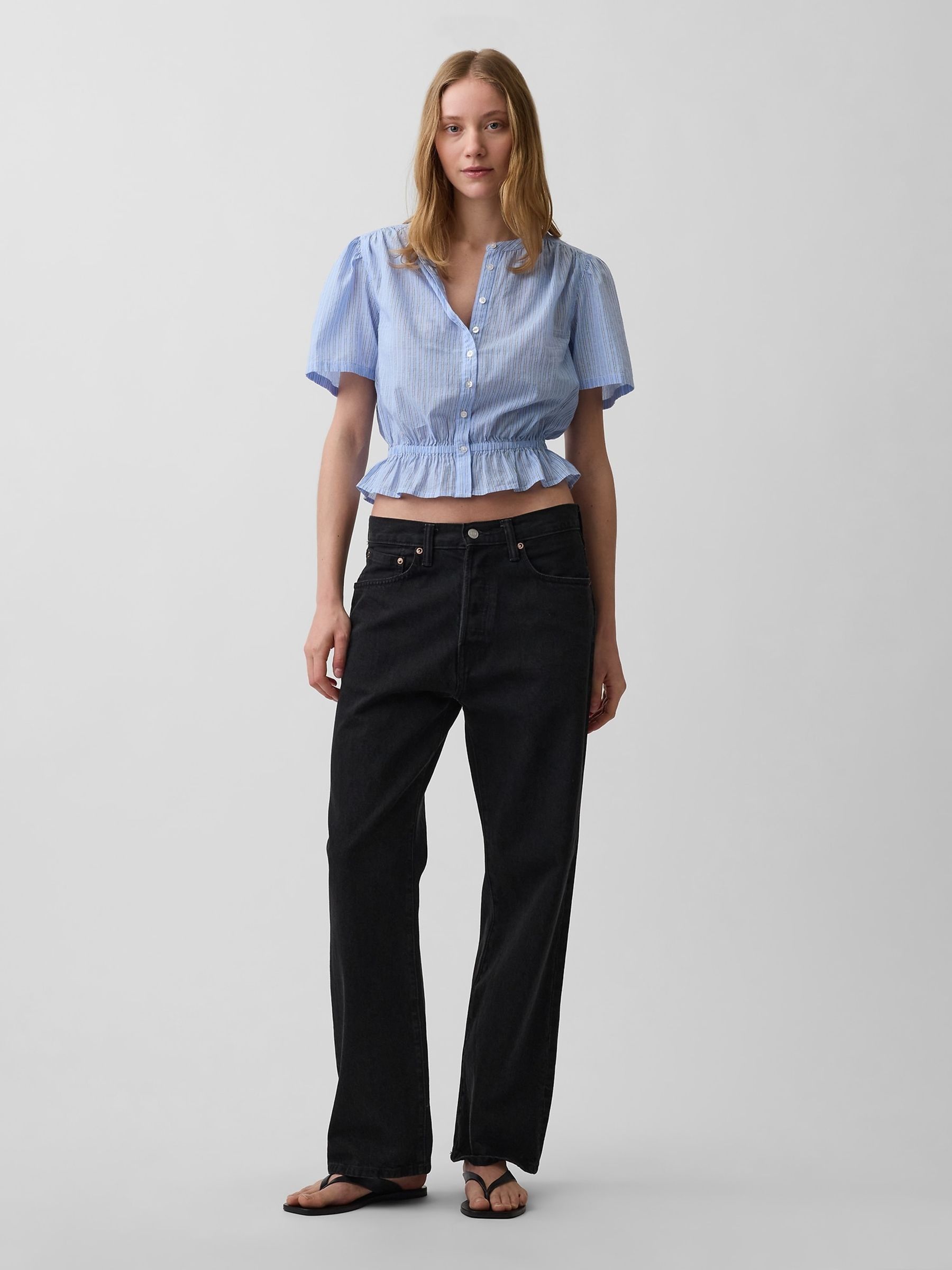 Blue Button-Front Crop Short Sleeve Peplum Top - Image 3 of 4