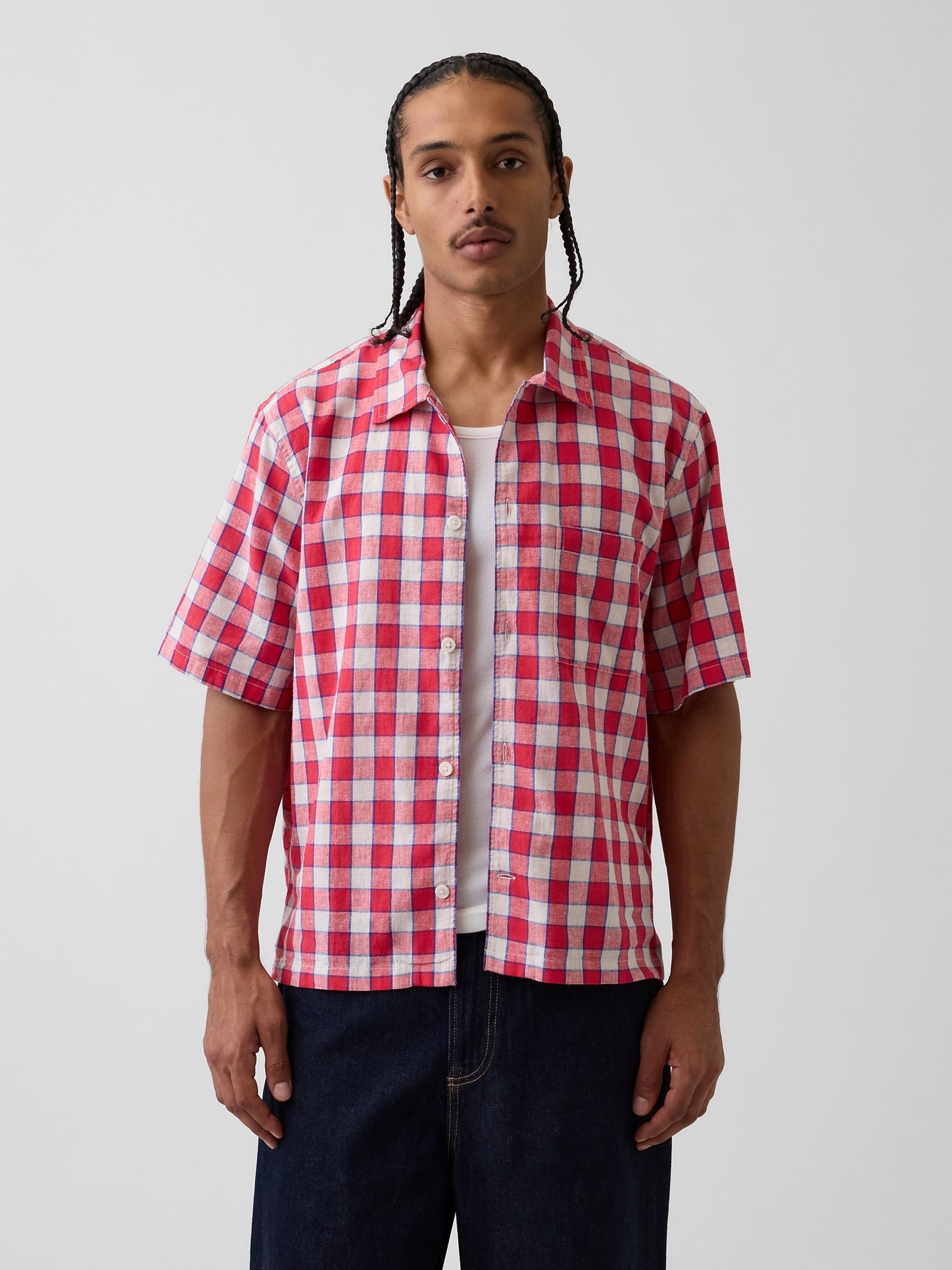 Red Check Linen-Cotton Relaxed Straight-Hem Short Sleeve Shirt - Image 1 of 4