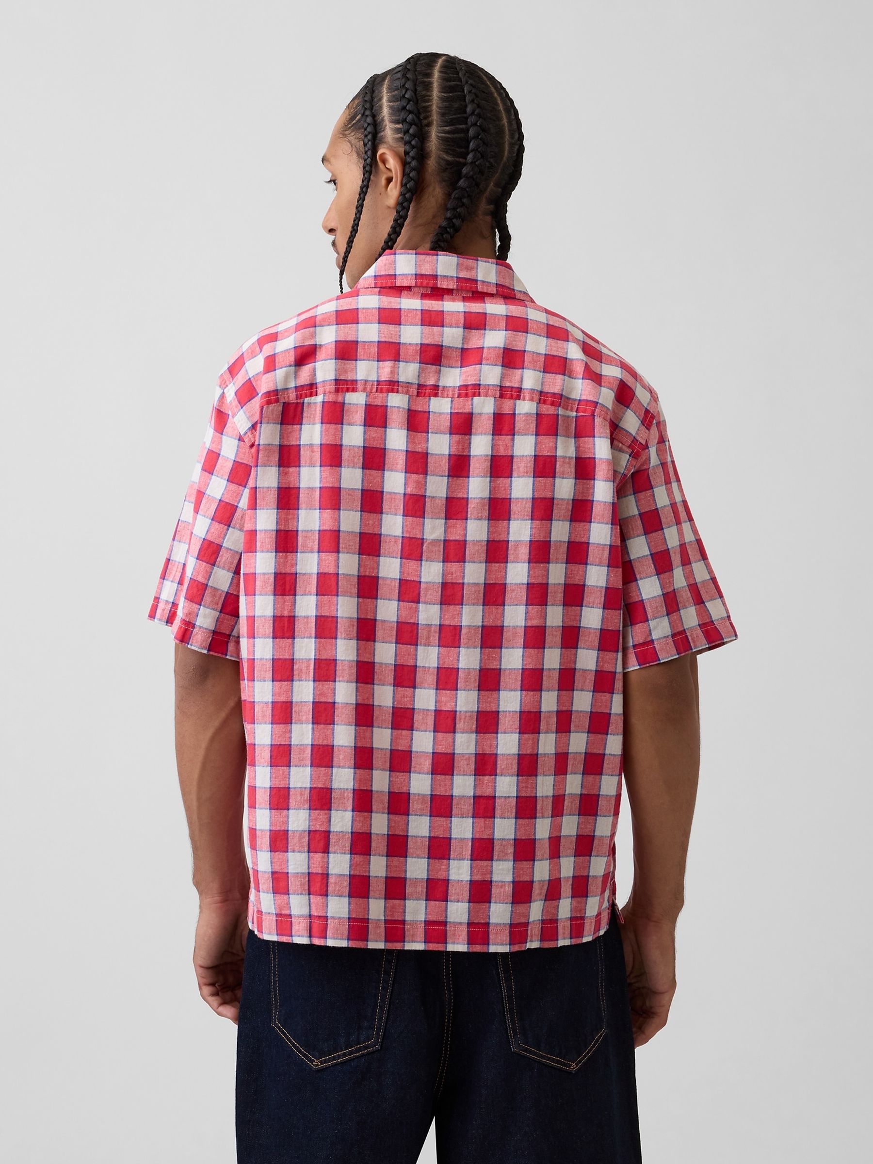 Red Check Linen-Cotton Relaxed Straight-Hem Short Sleeve Shirt - Image 2 of 4