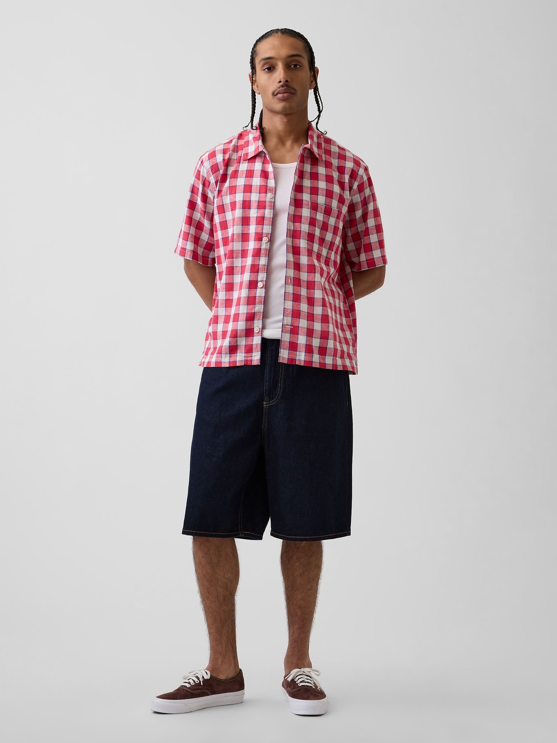 Red Check Linen-Cotton Relaxed Straight-Hem Short Sleeve Shirt - Image 3 of 4