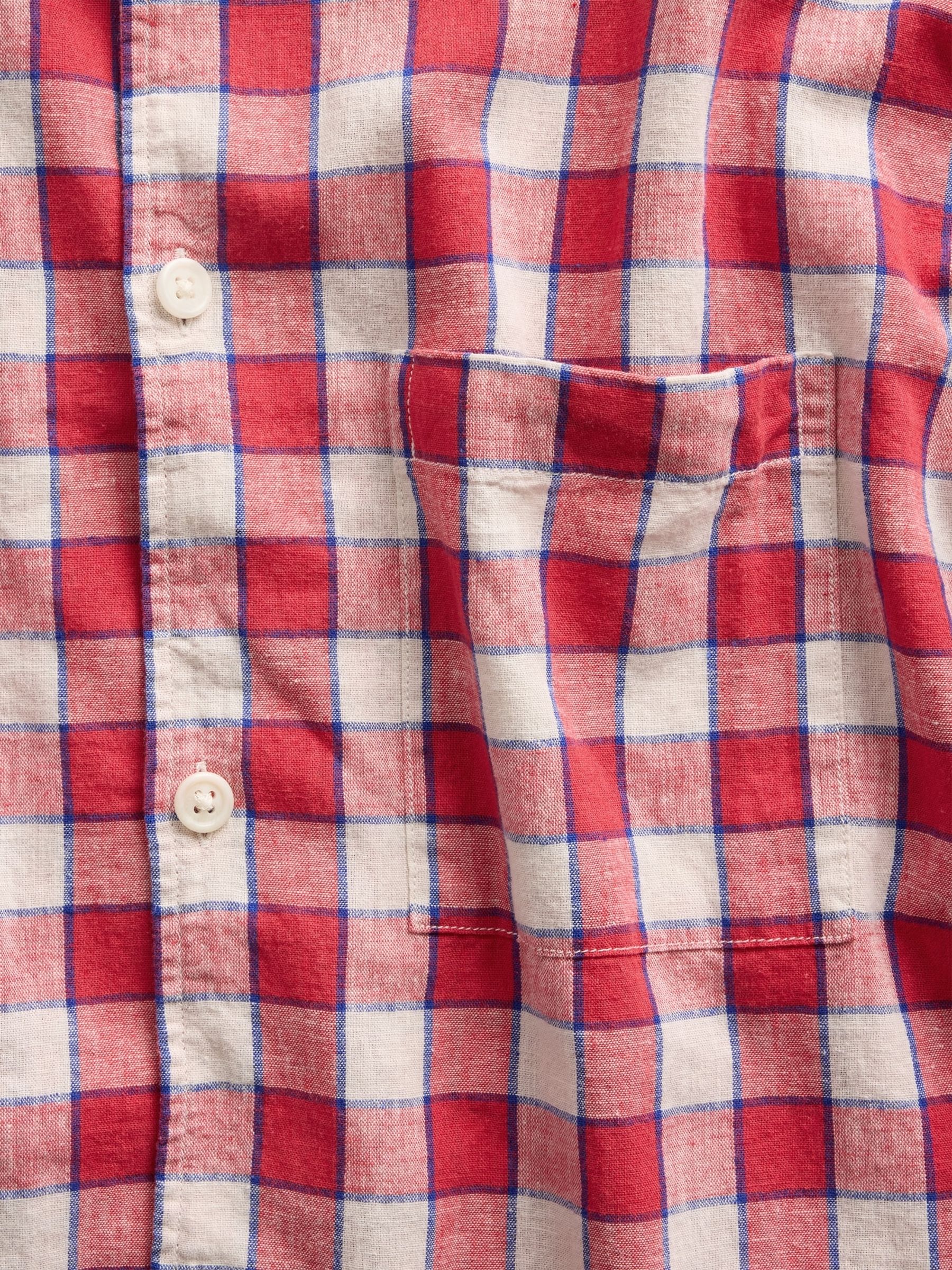 Red Check Linen-Cotton Relaxed Straight-Hem Short Sleeve Shirt - Image 4 of 4