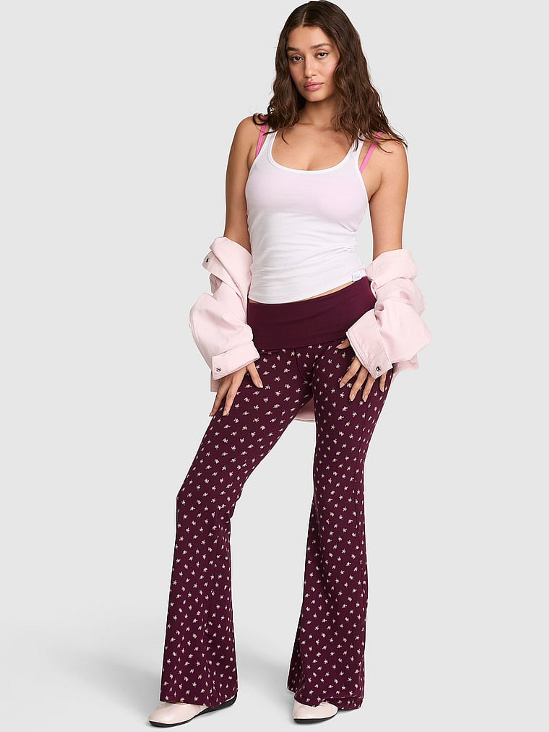 Wild Rose Purple Floral Print Cotton Foldover Super Flare Leggings - Image 2 of 3