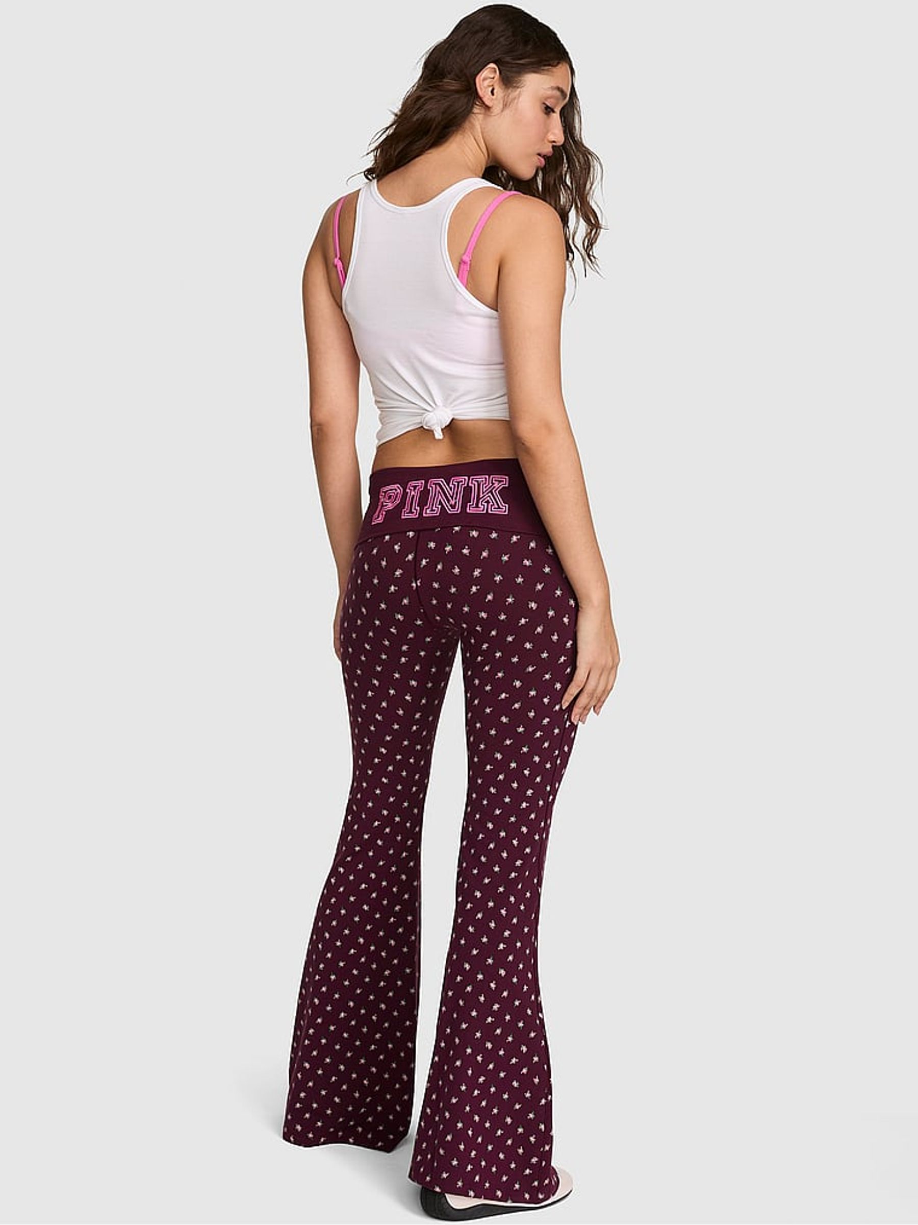 Wild Rose Purple Floral Print Cotton Foldover Super Flare Leggings - Image 3 of 3 Wild Rose Purple Floral Print Cotton Foldover Super Flare Leggings - Image 3 of 3