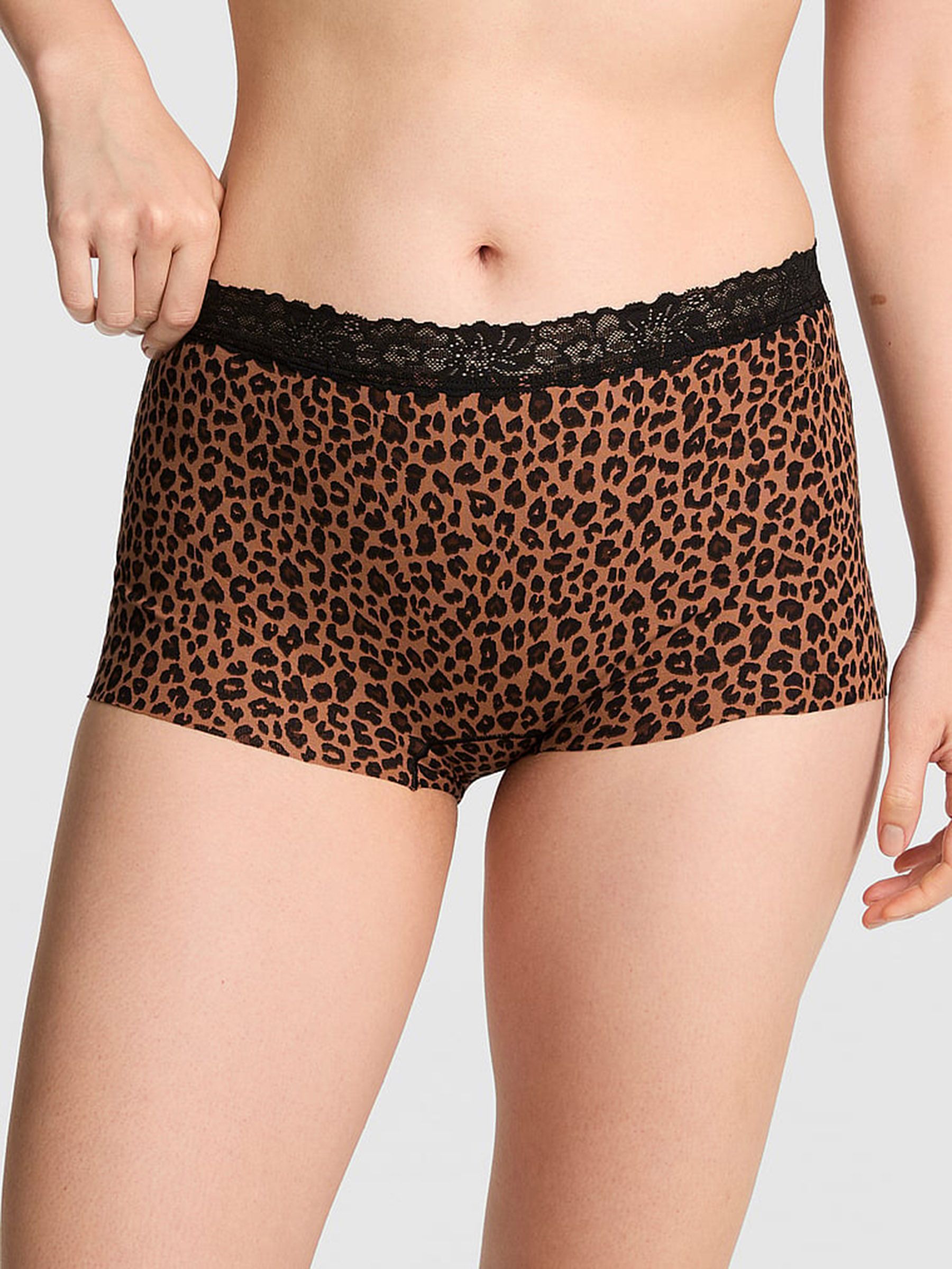 Leopard Brown Boyshort Lace Trim Knickers - Image 1 of 2