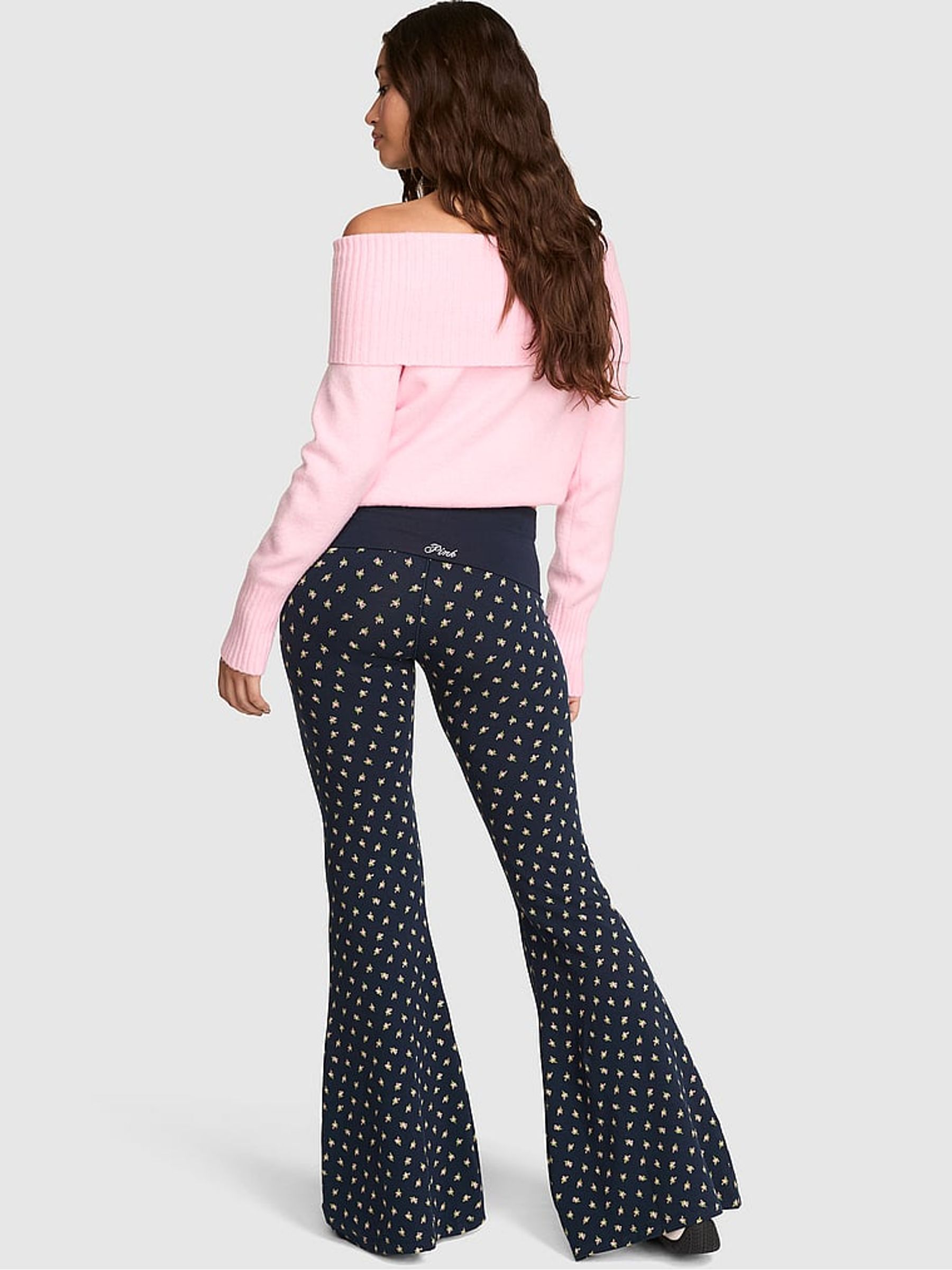 Noir Navy Blue Rose Print Cotton Foldover Super Flare Leggings - Image 3 of 4