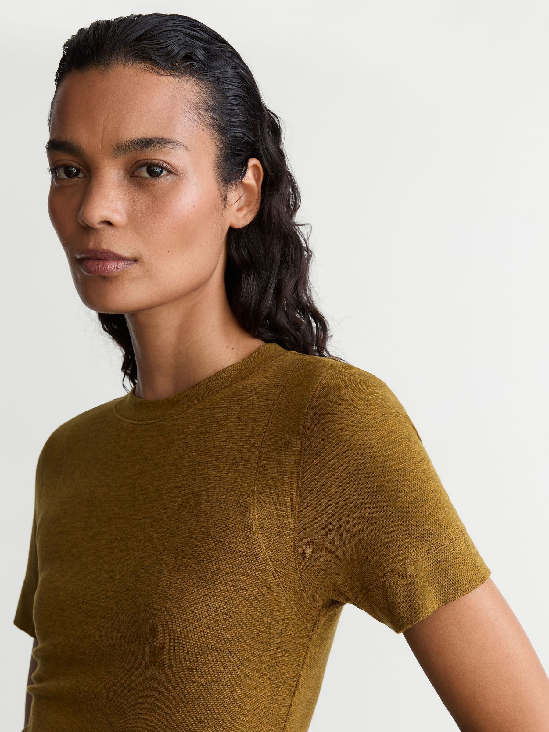 Lyocell-Wool Ruched Crew-Neck T-Shirt in Ochre Green - Image 1 of 6