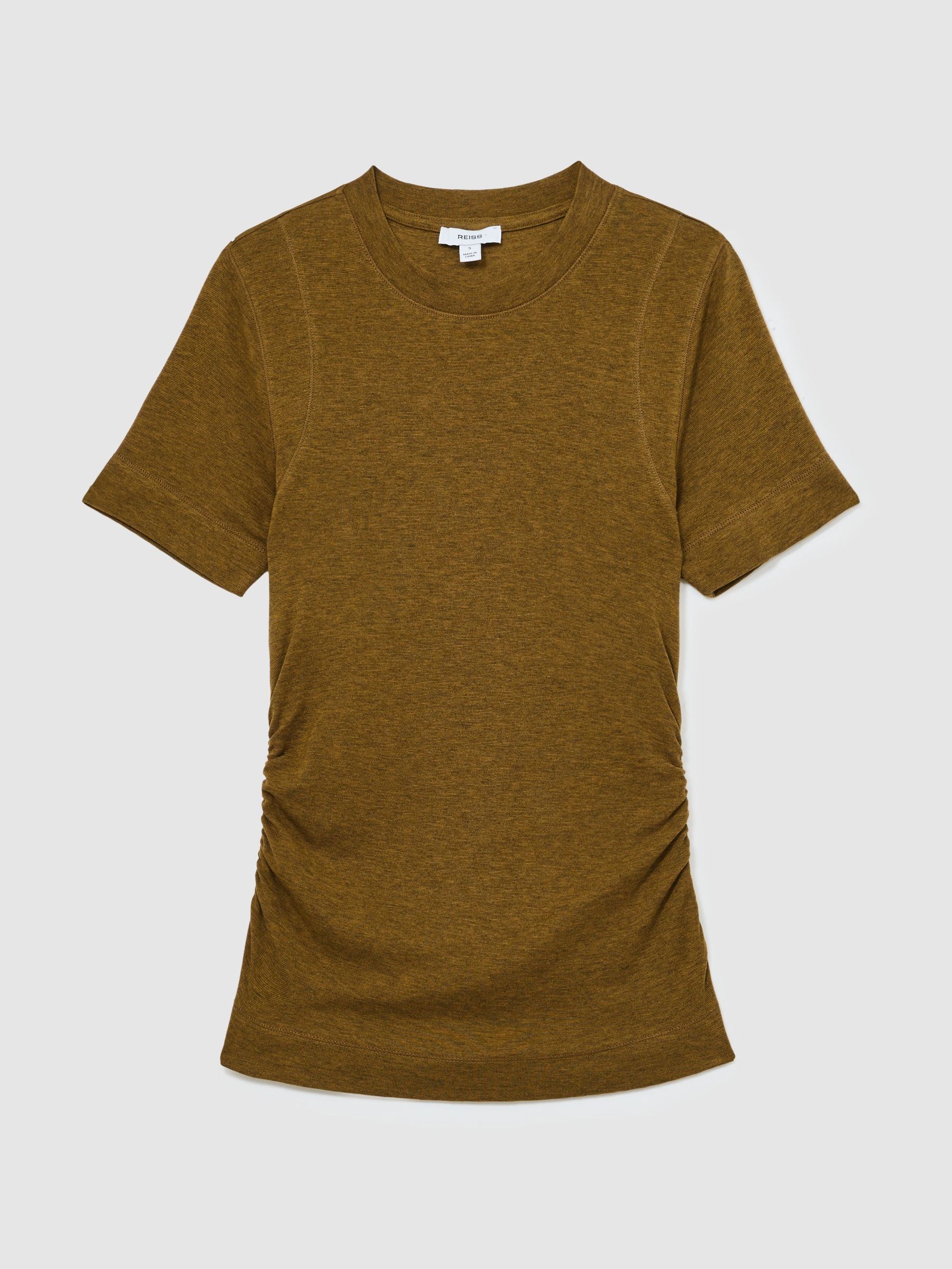 Lyocell-Wool Ruched Crew-Neck T-Shirt in Ochre Green - Image 2 of 6
