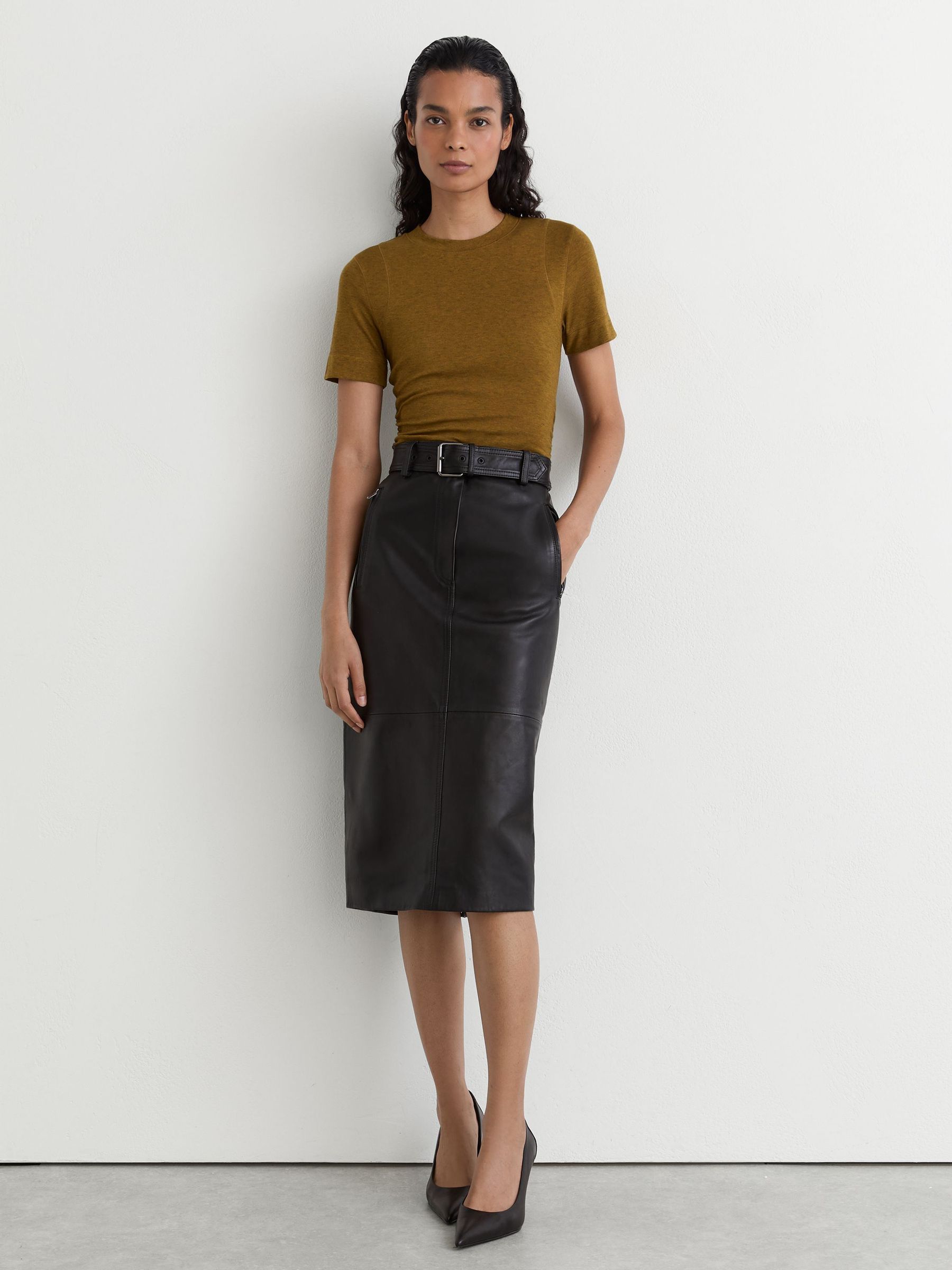 Lyocell-Wool Ruched Crew-Neck T-Shirt in Ochre Green - Image 3 of 6