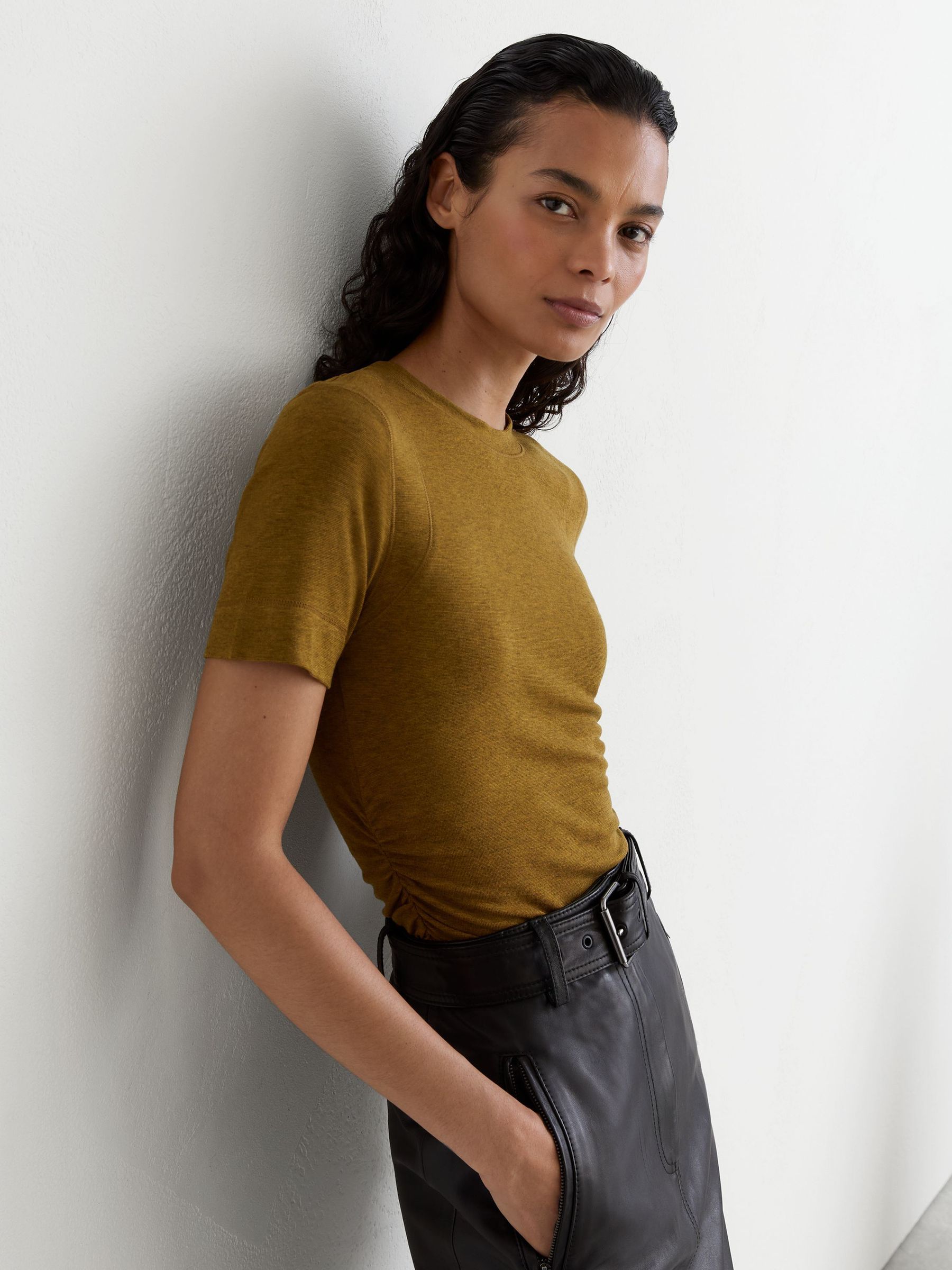 Lyocell-Wool Ruched Crew-Neck T-Shirt in Ochre Green - Image 4 of 6