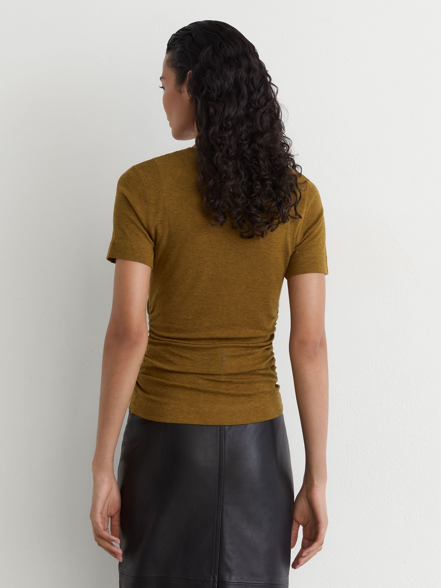 Lyocell-Wool Ruched Crew-Neck T-Shirt in Ochre Green - Image 5 of 6