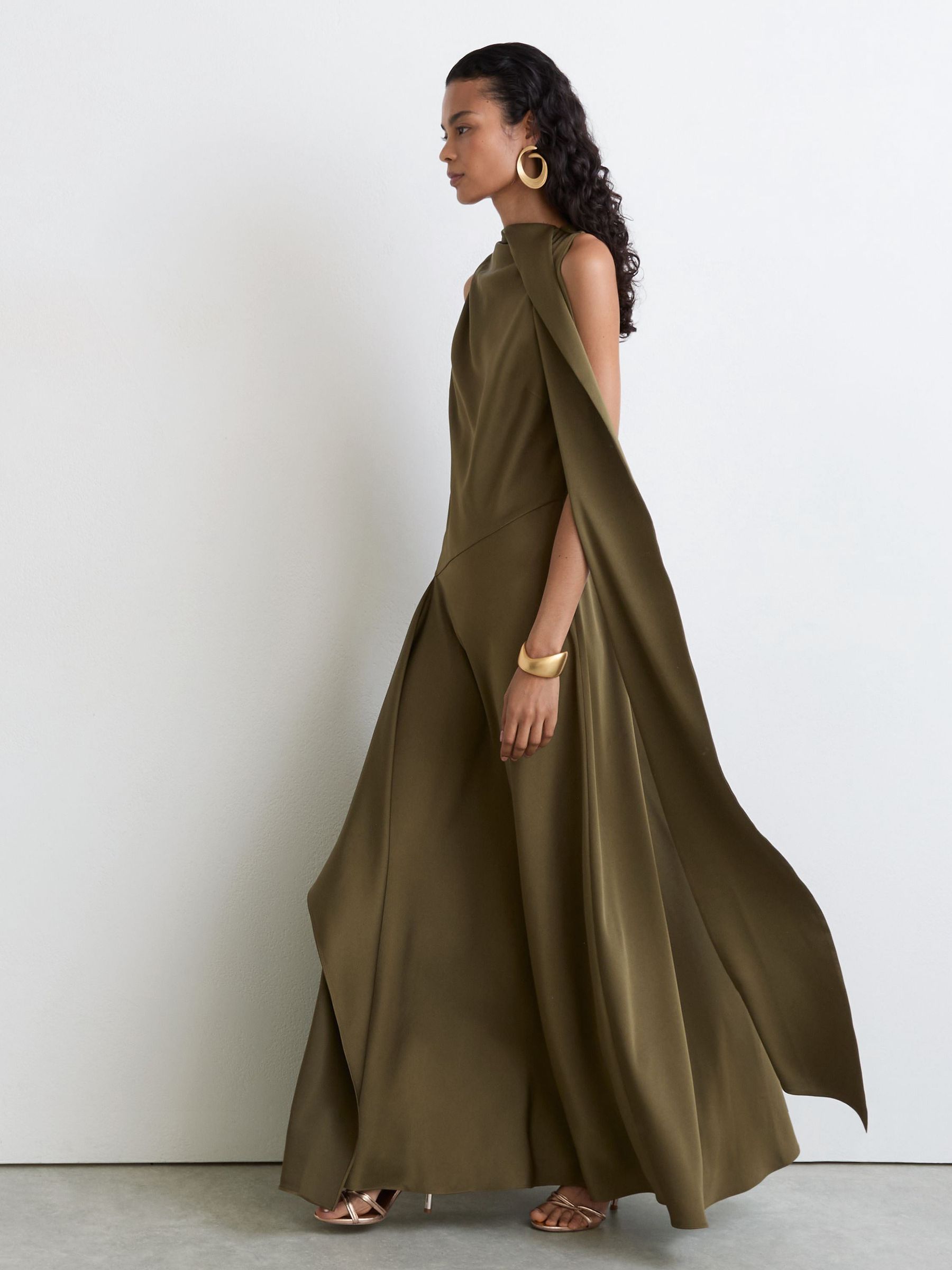 Petite Satin Cape-Detail Maxi Dress in Khaki Green - Image 4 of 7