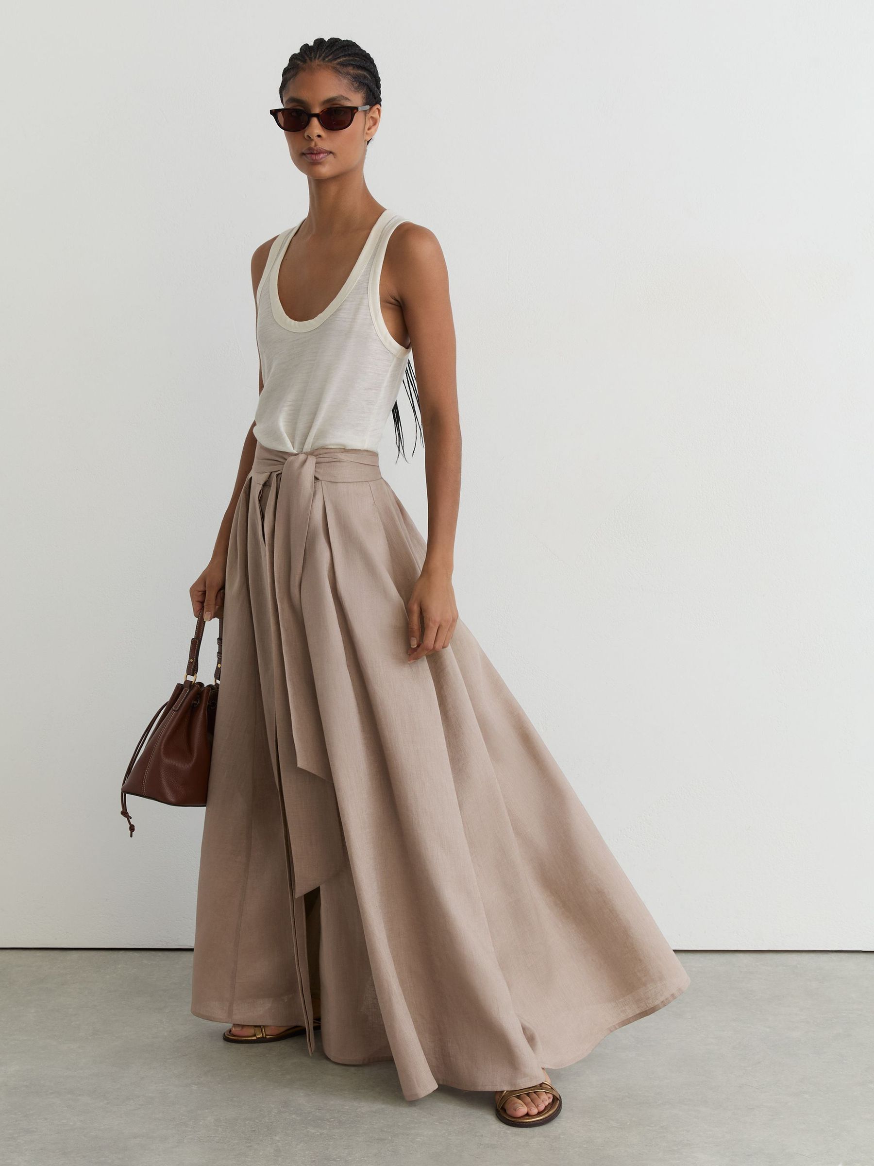 Linen Belted Pleated Maxi Skirt in Taupe Brown - Image 1 of 7