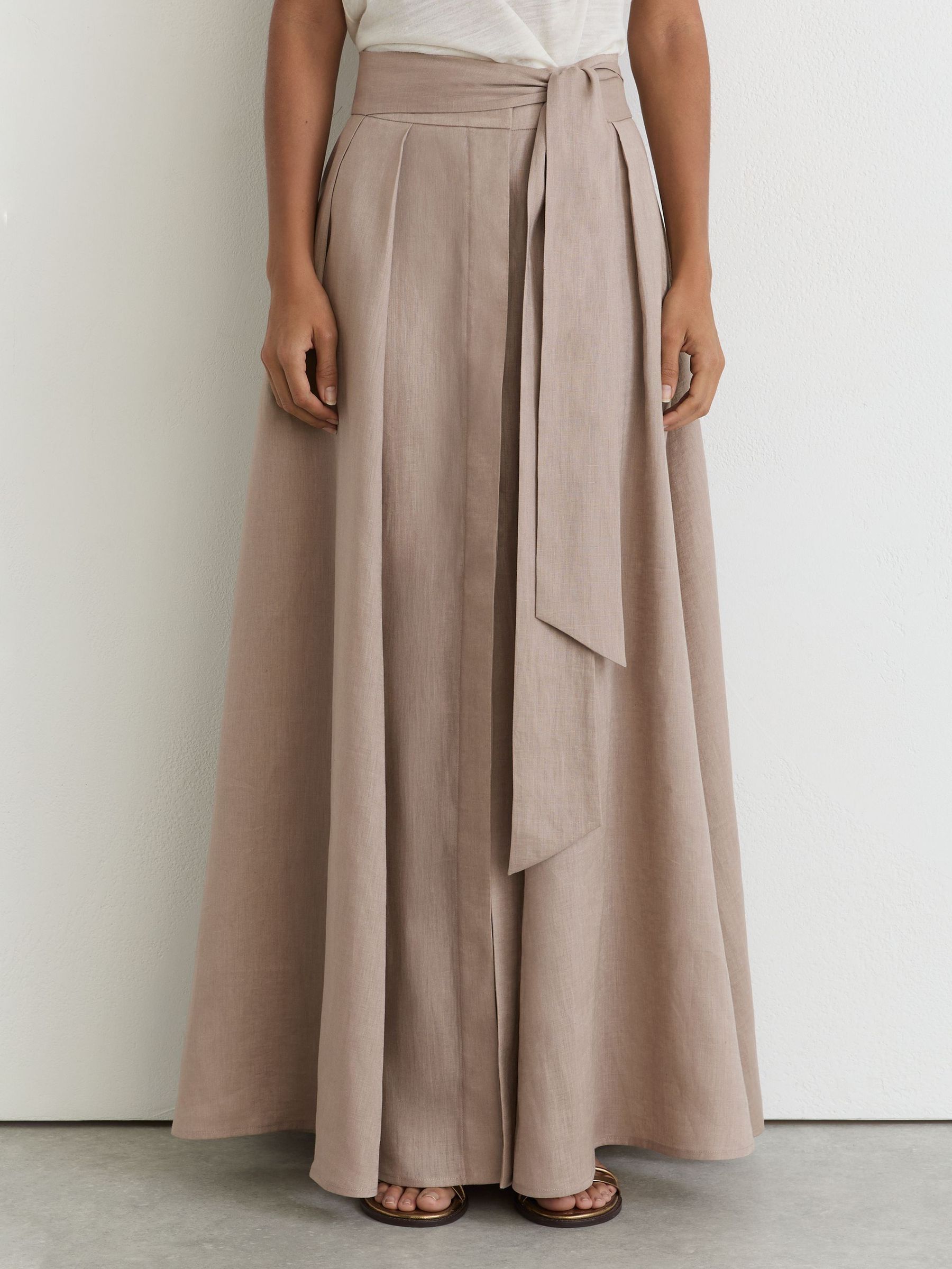 Linen Belted Pleated Maxi Skirt in Taupe Brown - Image 3 of 7
