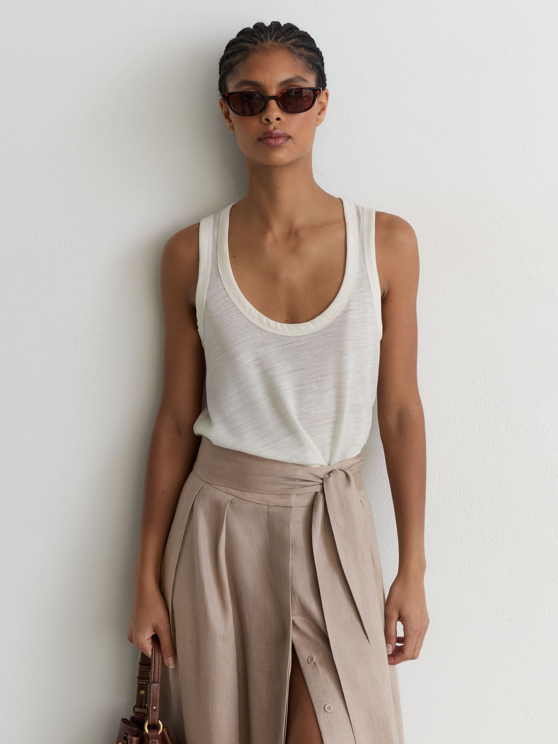 Linen Belted Pleated Maxi Skirt in Taupe Brown - Image 4 of 7