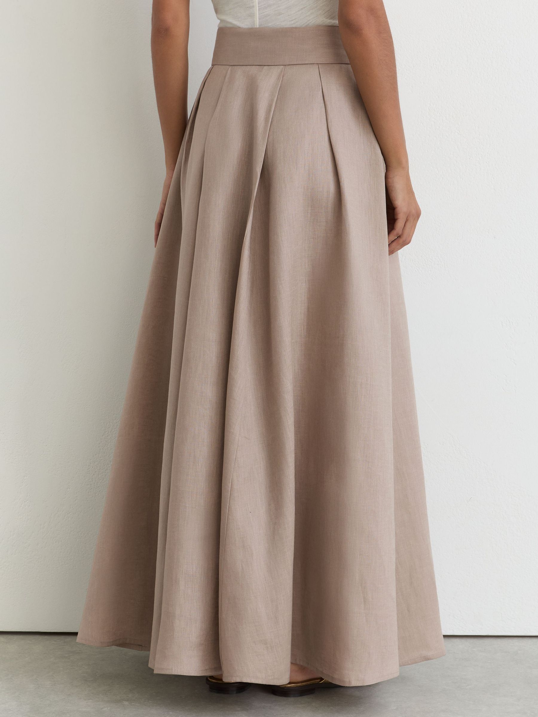 Linen Belted Pleated Maxi Skirt in Taupe Brown - Image 5 of 7