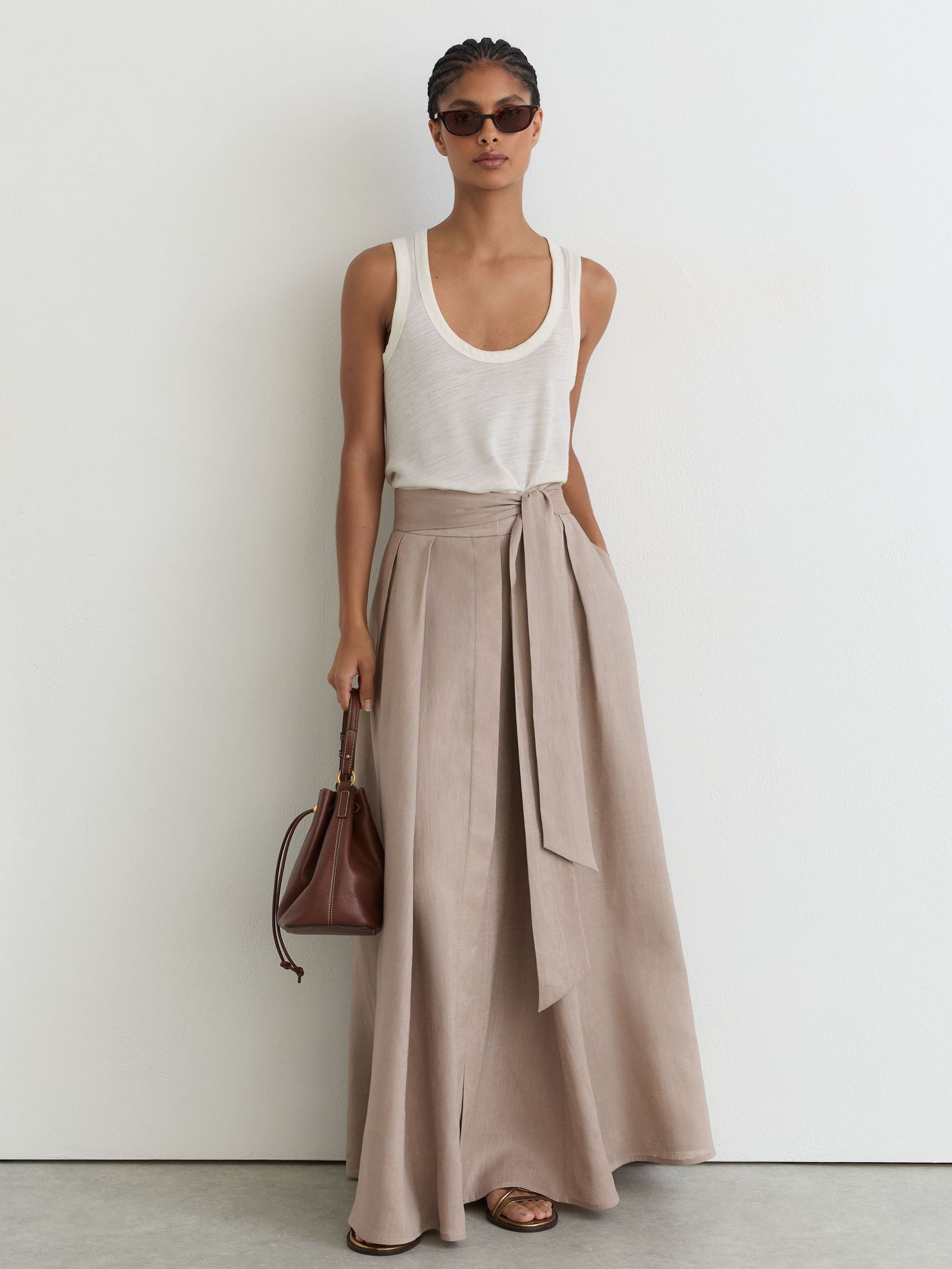 Linen Belted Pleated Maxi Skirt in Taupe Brown - Image 6 of 7