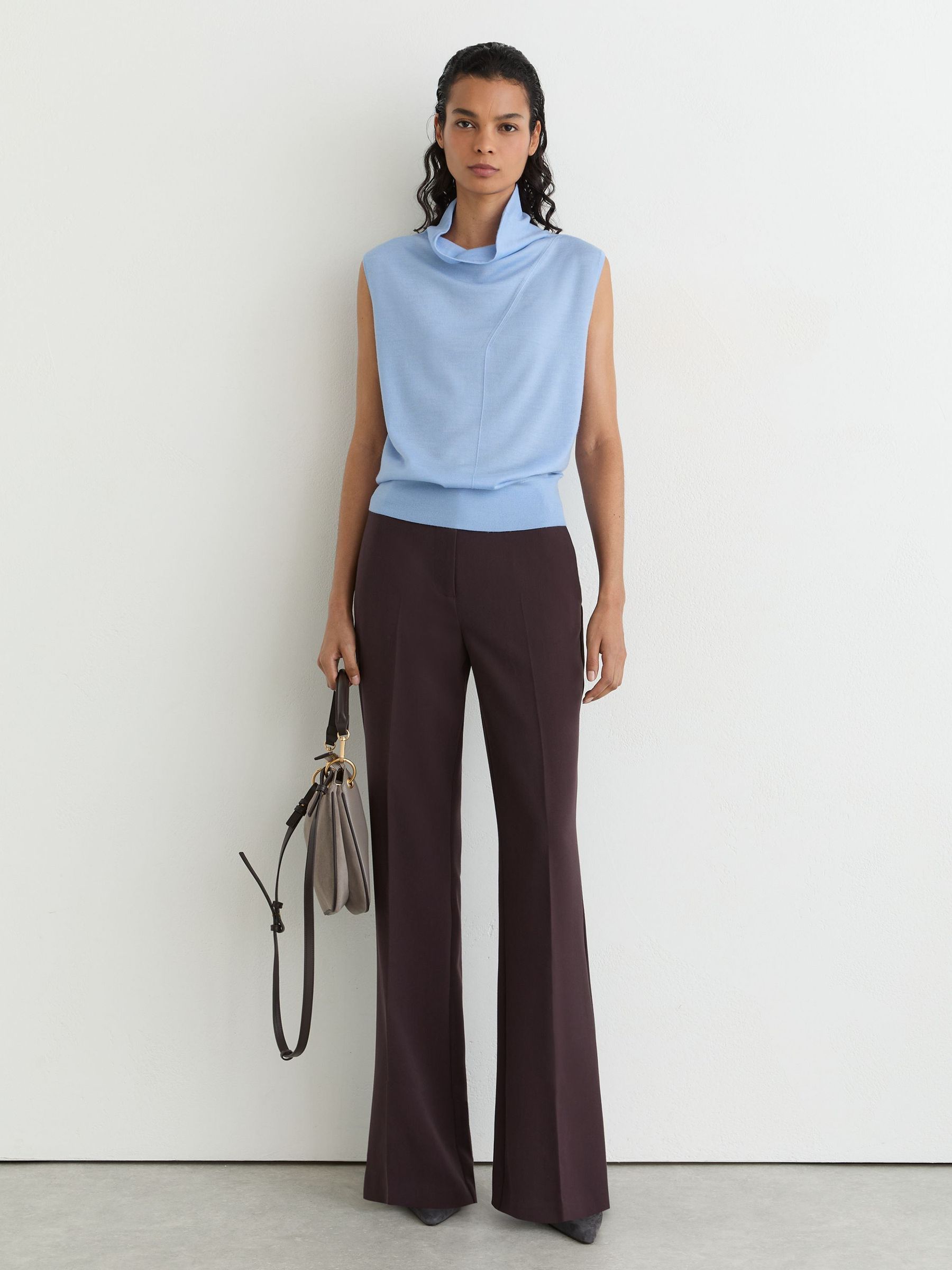Wool Funnel-Neck Sleeveless Knit Top in Light Blue - Image 1 of 6