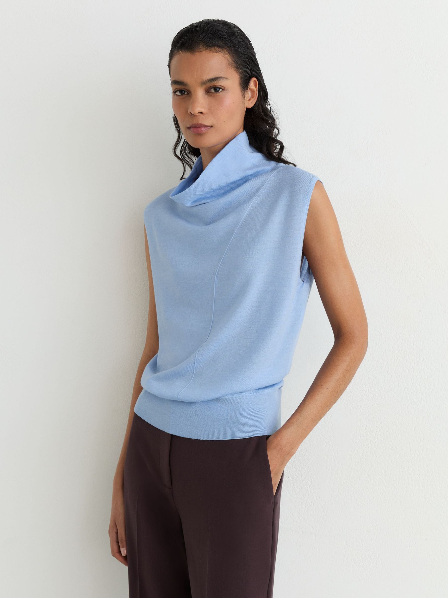 Wool Funnel-Neck Sleeveless Knit Top in Light Blue - Image 3 of 6
