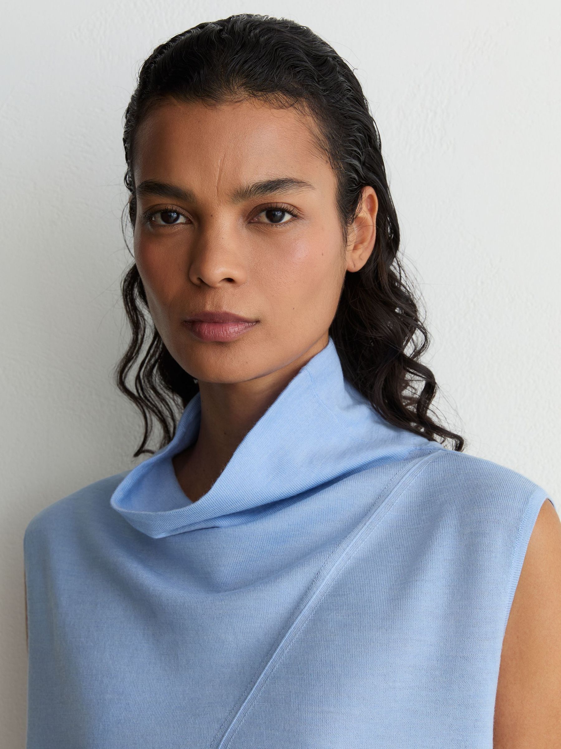 Wool Funnel-Neck Sleeveless Knit Top in Light Blue - Image 4 of 6