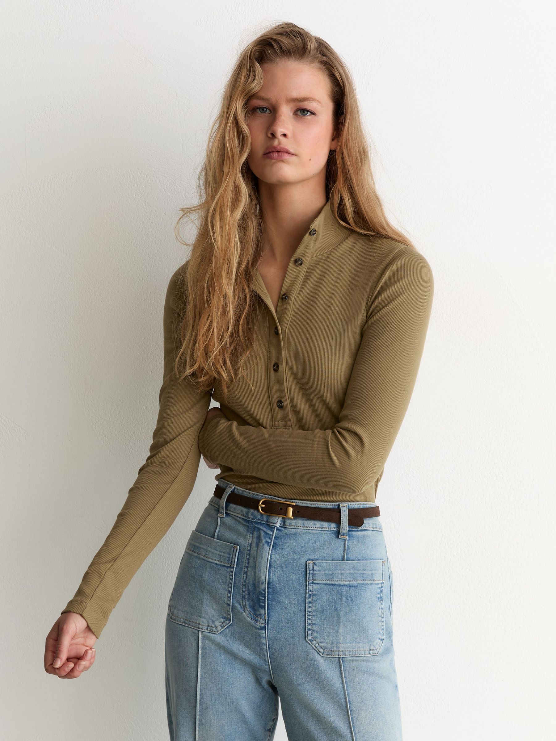 Cotton-Stretch Funnel-Neck Top in Khaki Green - Image 1 of 6