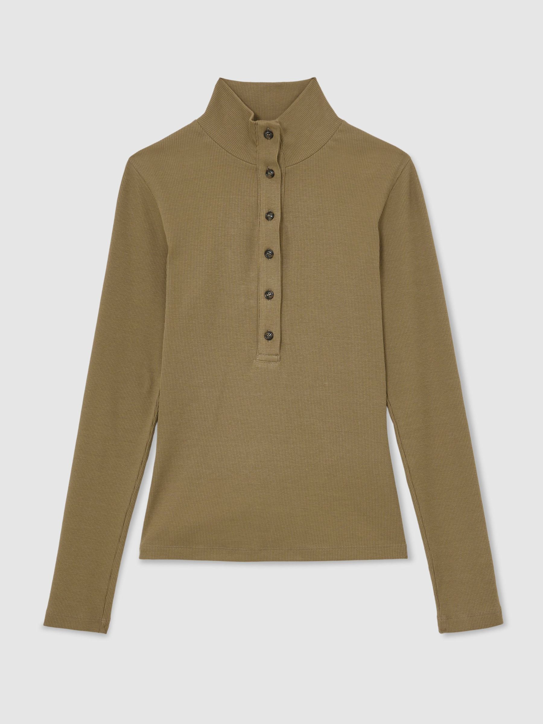 Cotton-Stretch Funnel-Neck Top in Khaki Green - Image 2 of 6