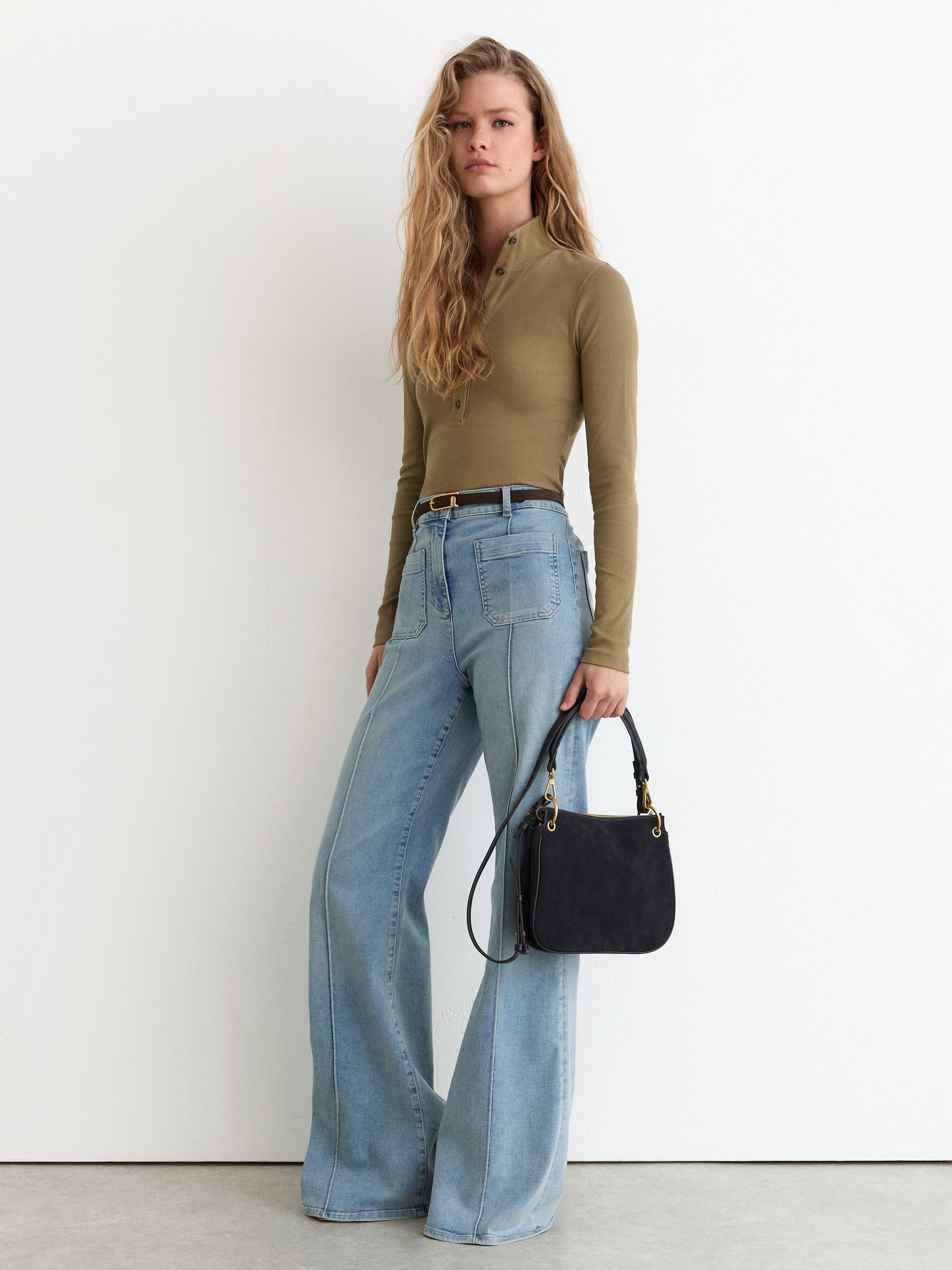Cotton-Stretch Funnel-Neck Top in Khaki Green - Image 4 of 6