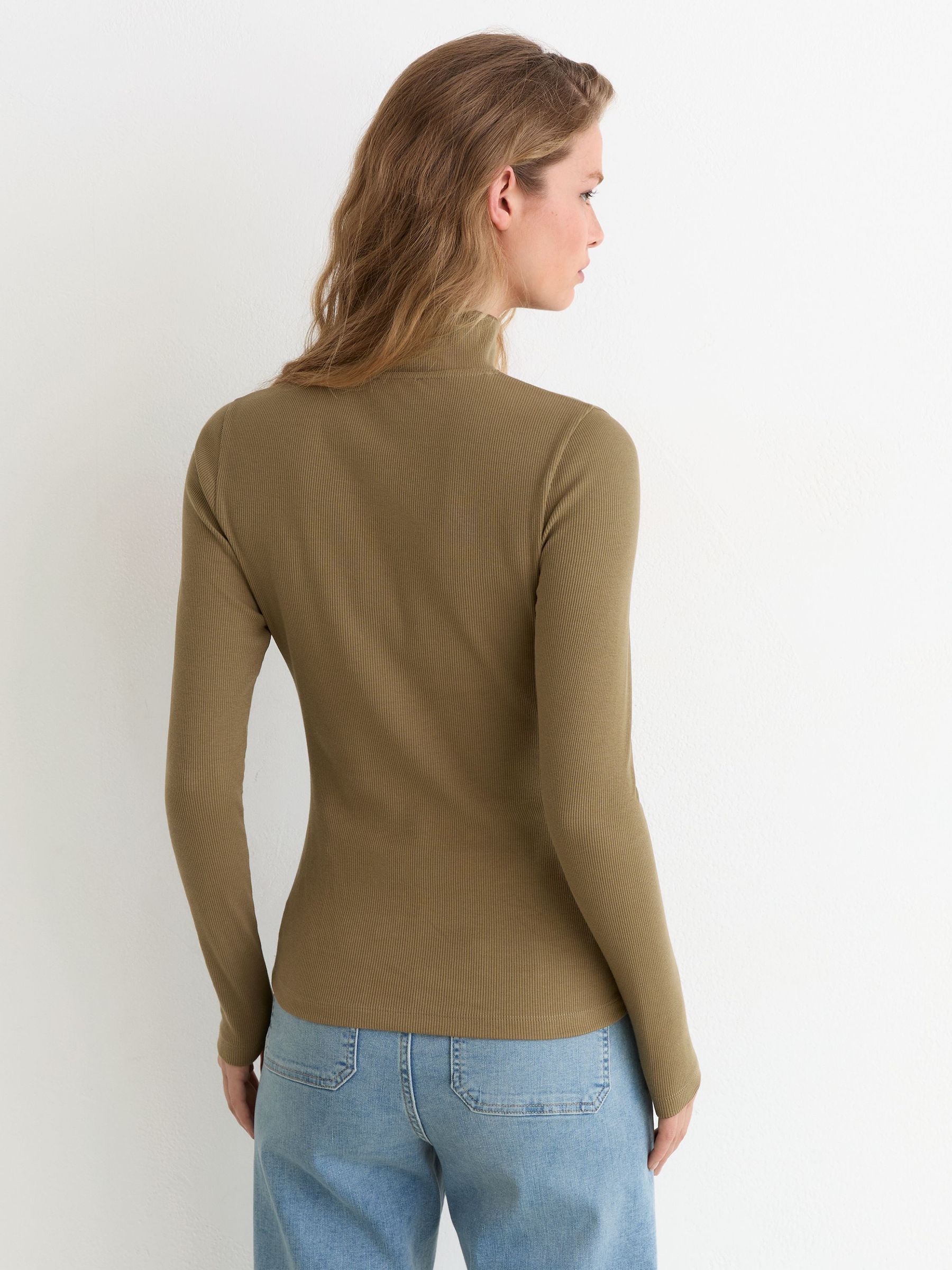Cotton-Stretch Funnel-Neck Top in Khaki Green - Image 5 of 6