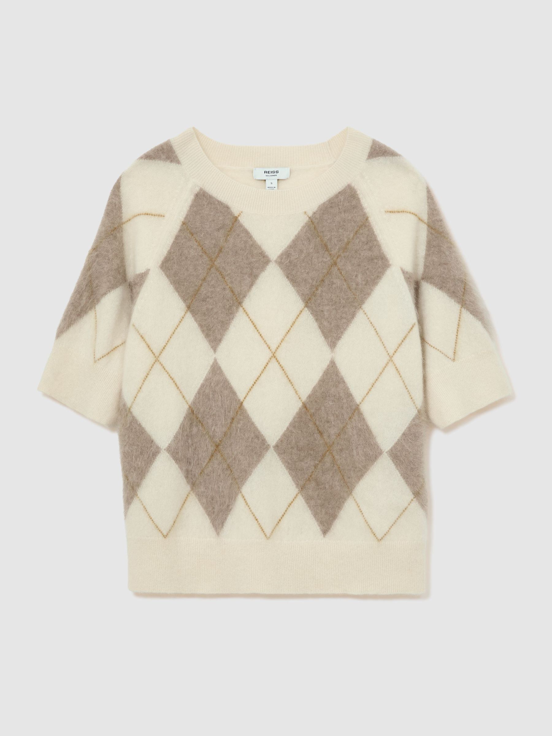 Brushed-Cashmere Argyle Knit Top in Ivory/Taupe - Image 2 of 6