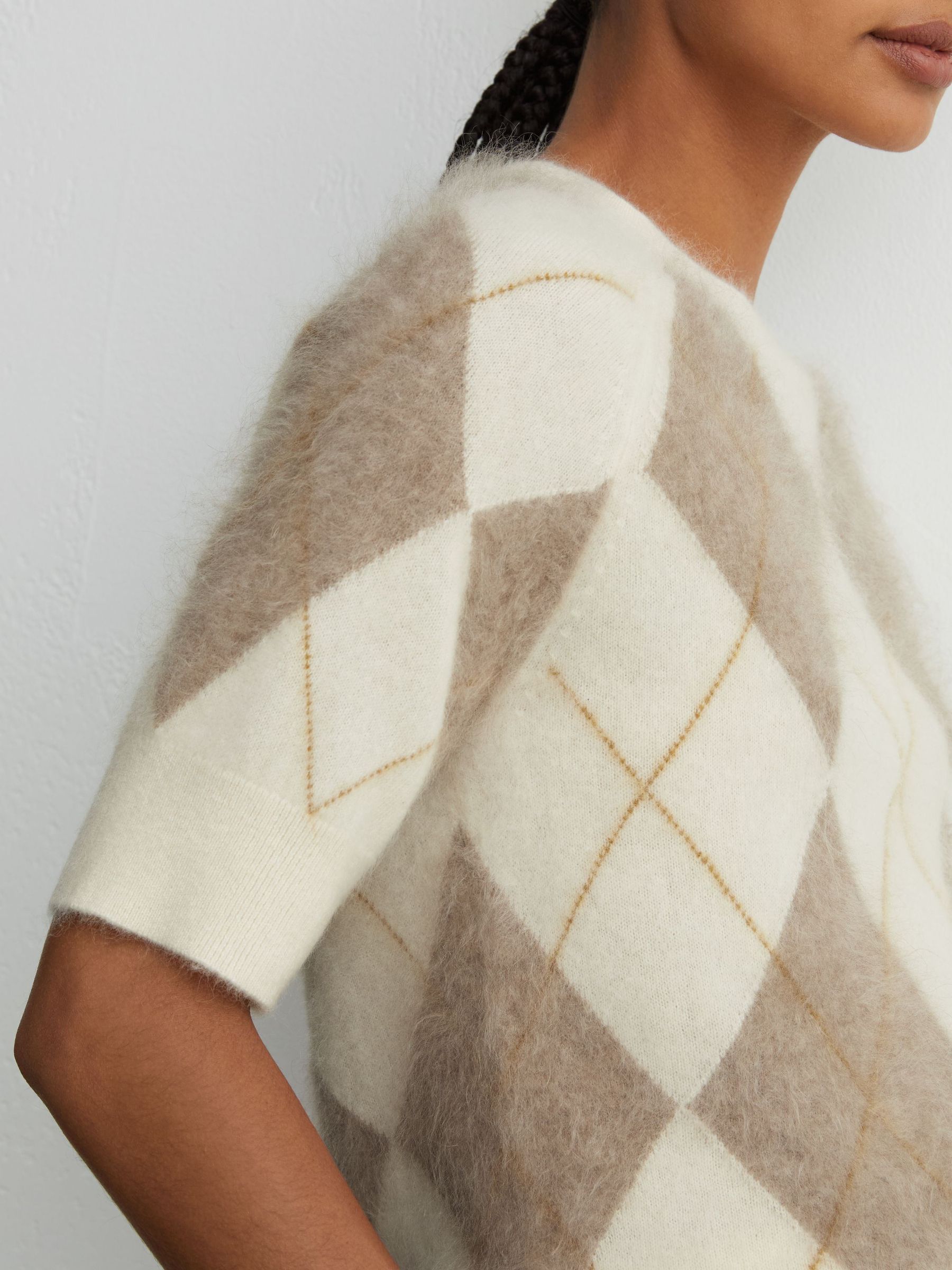 Brushed-Cashmere Argyle Knit Top in Ivory/Taupe - Image 3 of 6