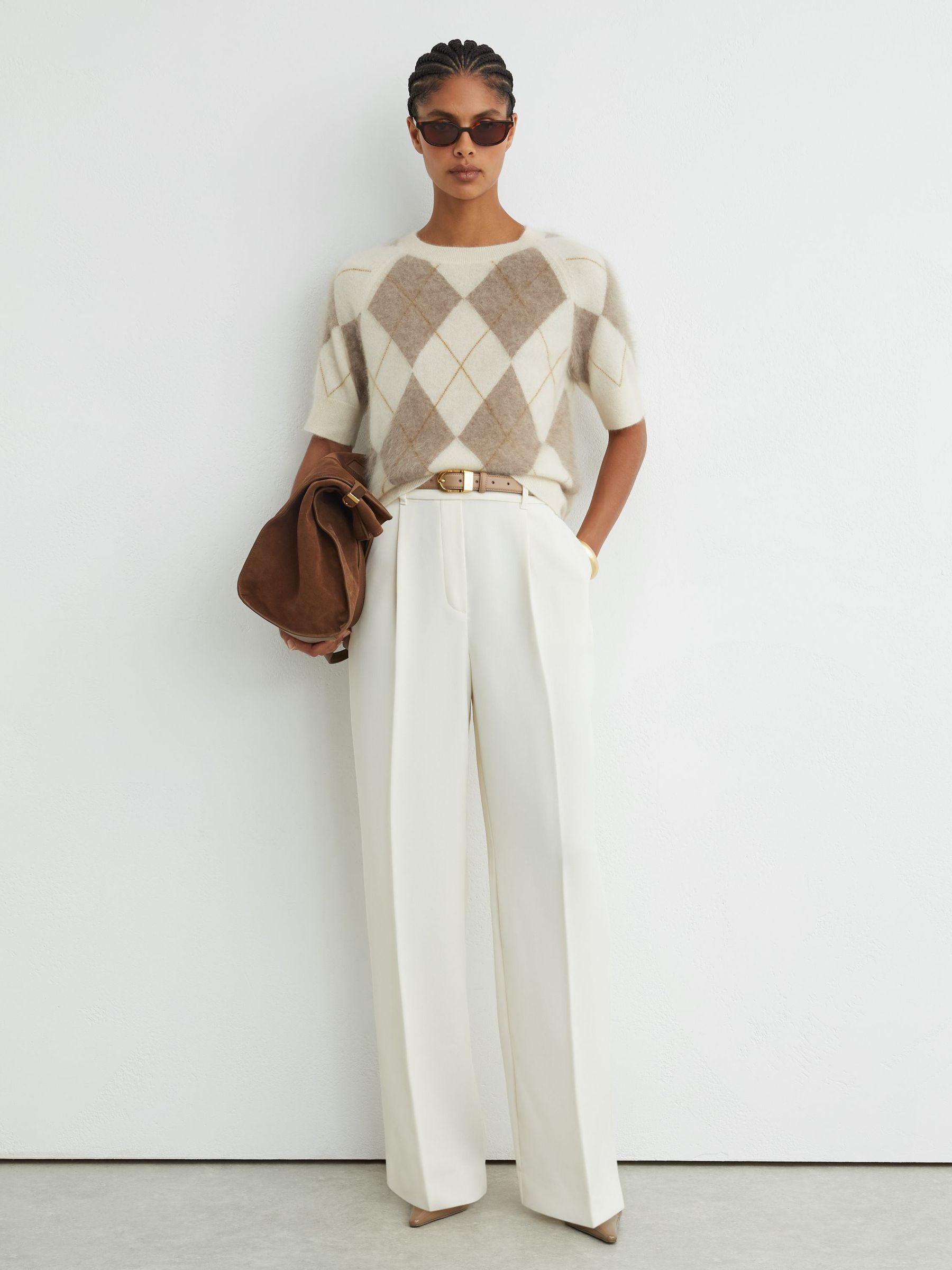 Brushed-Cashmere Argyle Knit Top in Ivory/Taupe - Image 4 of 6