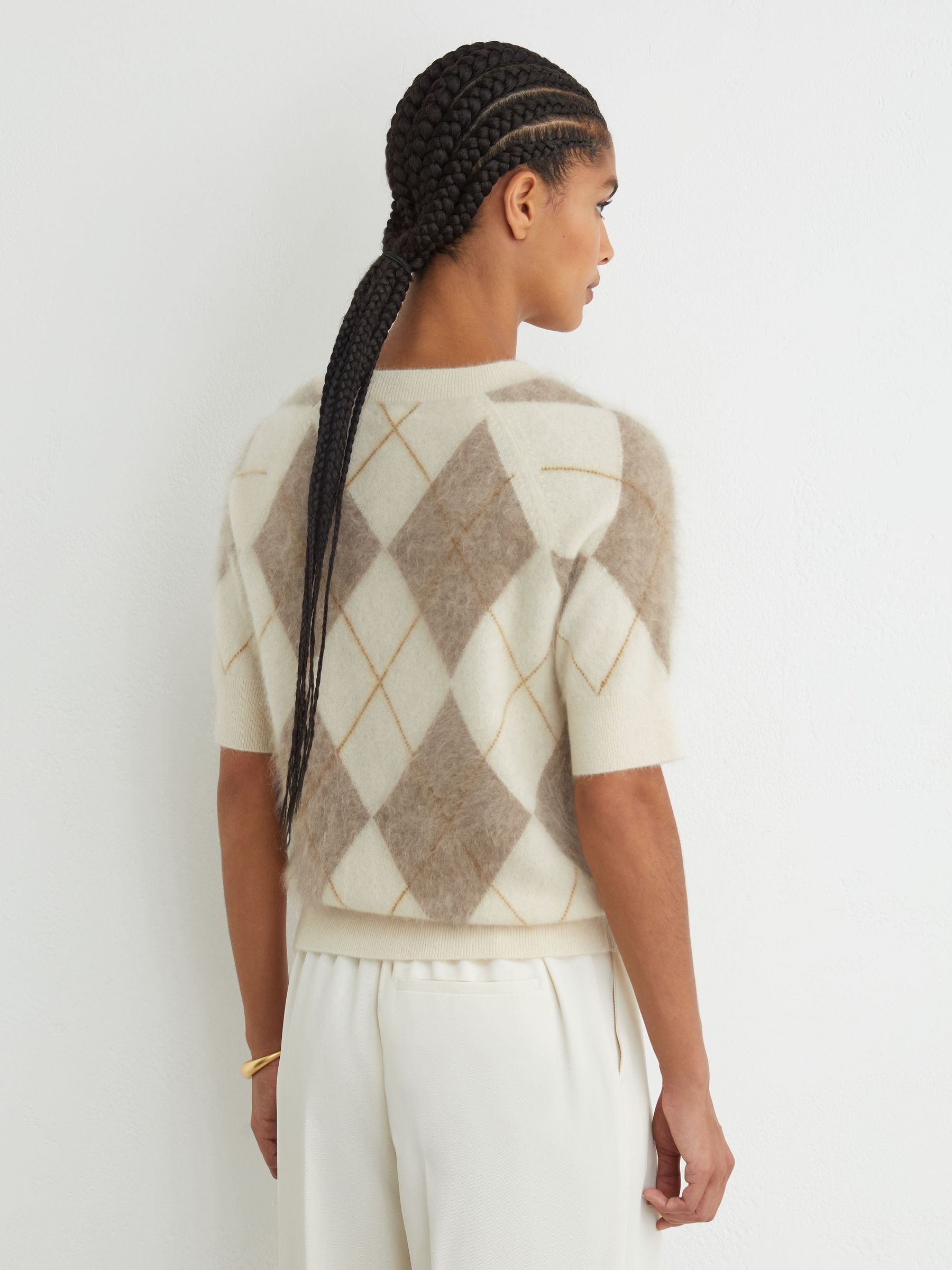 Brushed-Cashmere Argyle Knit Top in Ivory/Taupe - Image 5 of 6