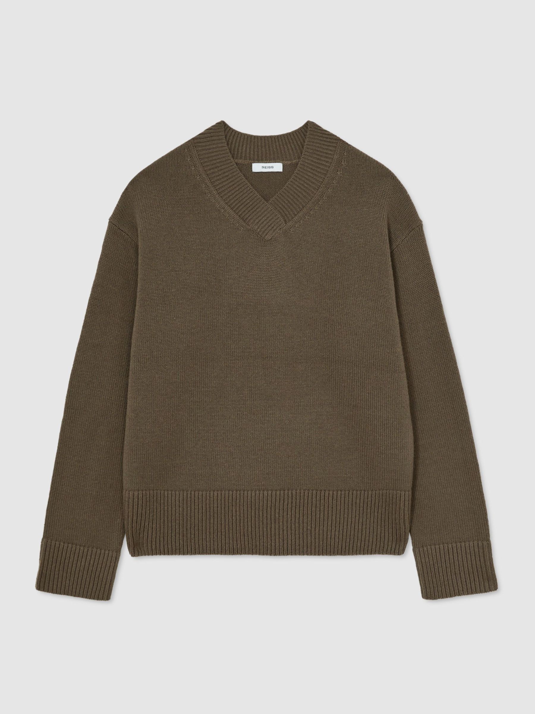 Woll-Kaschmir-Pullover mit V-Ausschnitt in Khakigrün - Bild 2 von 6