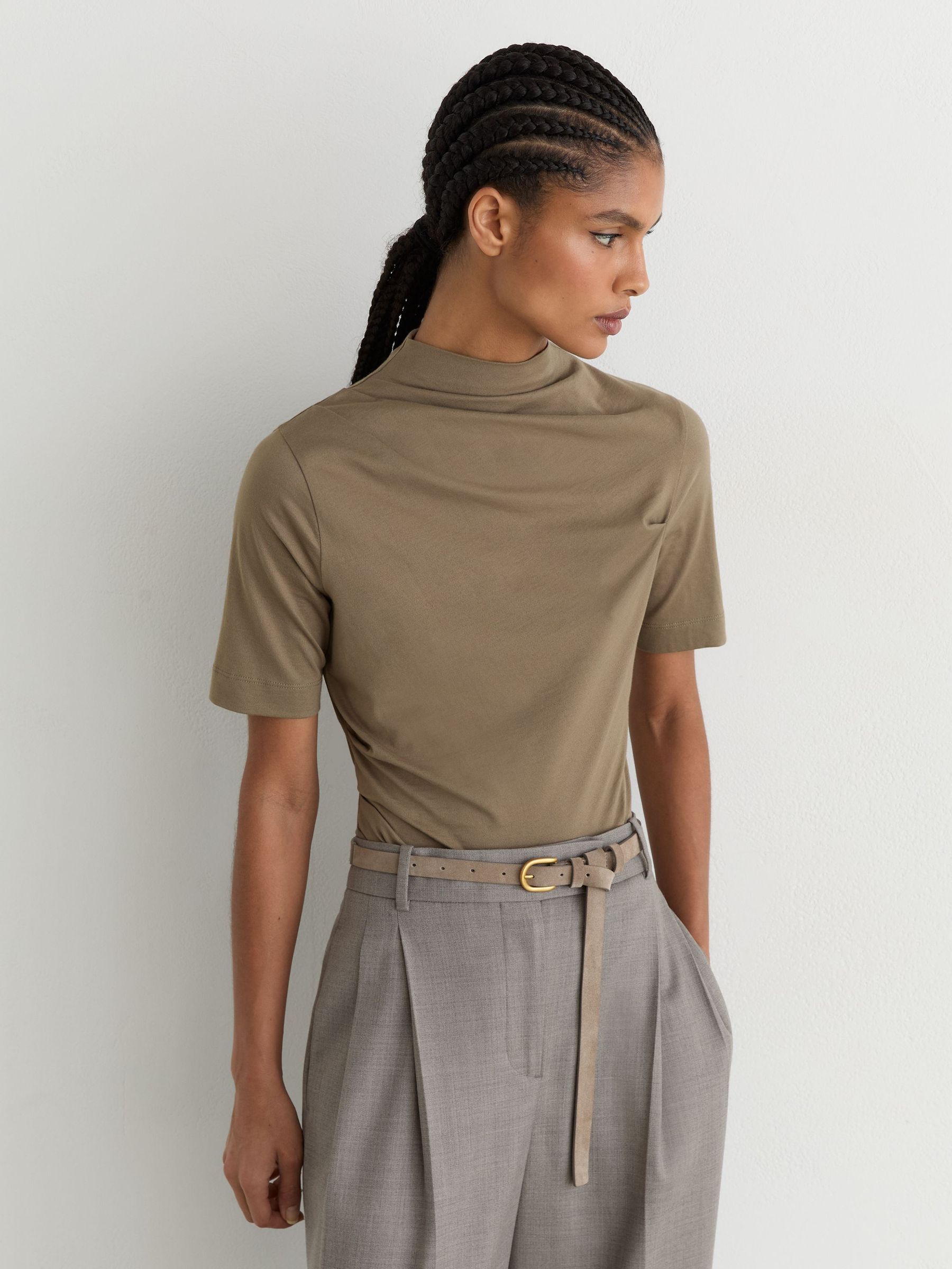 Cotton-Blend High-Neck Draped Top in Taupe Neutral - Image 1 of 5
