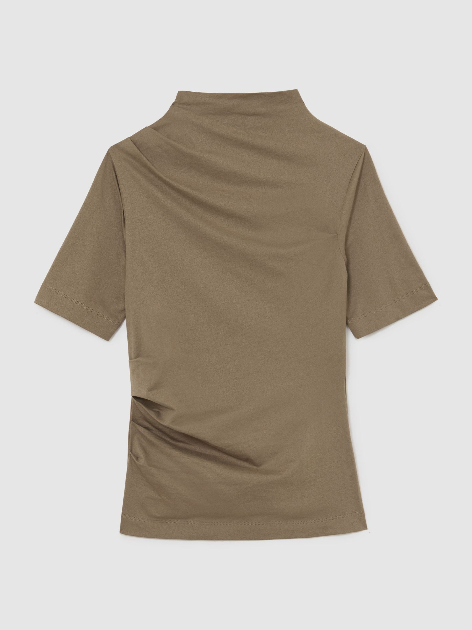 Cotton-Blend High-Neck Draped Top in Taupe Neutral - Image 2 of 5 Cotton-Blend High-Neck Draped Top in Taupe Neutral - Image 2 of 5