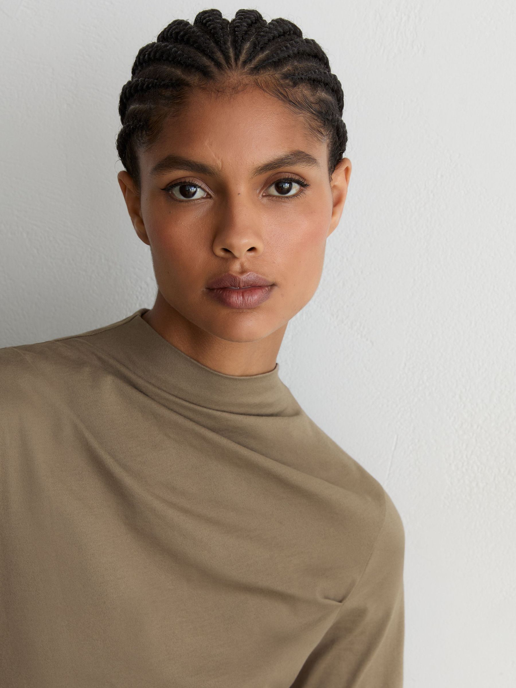 Cotton-Blend High-Neck Draped Top in Taupe Neutral - Image 3 of 5