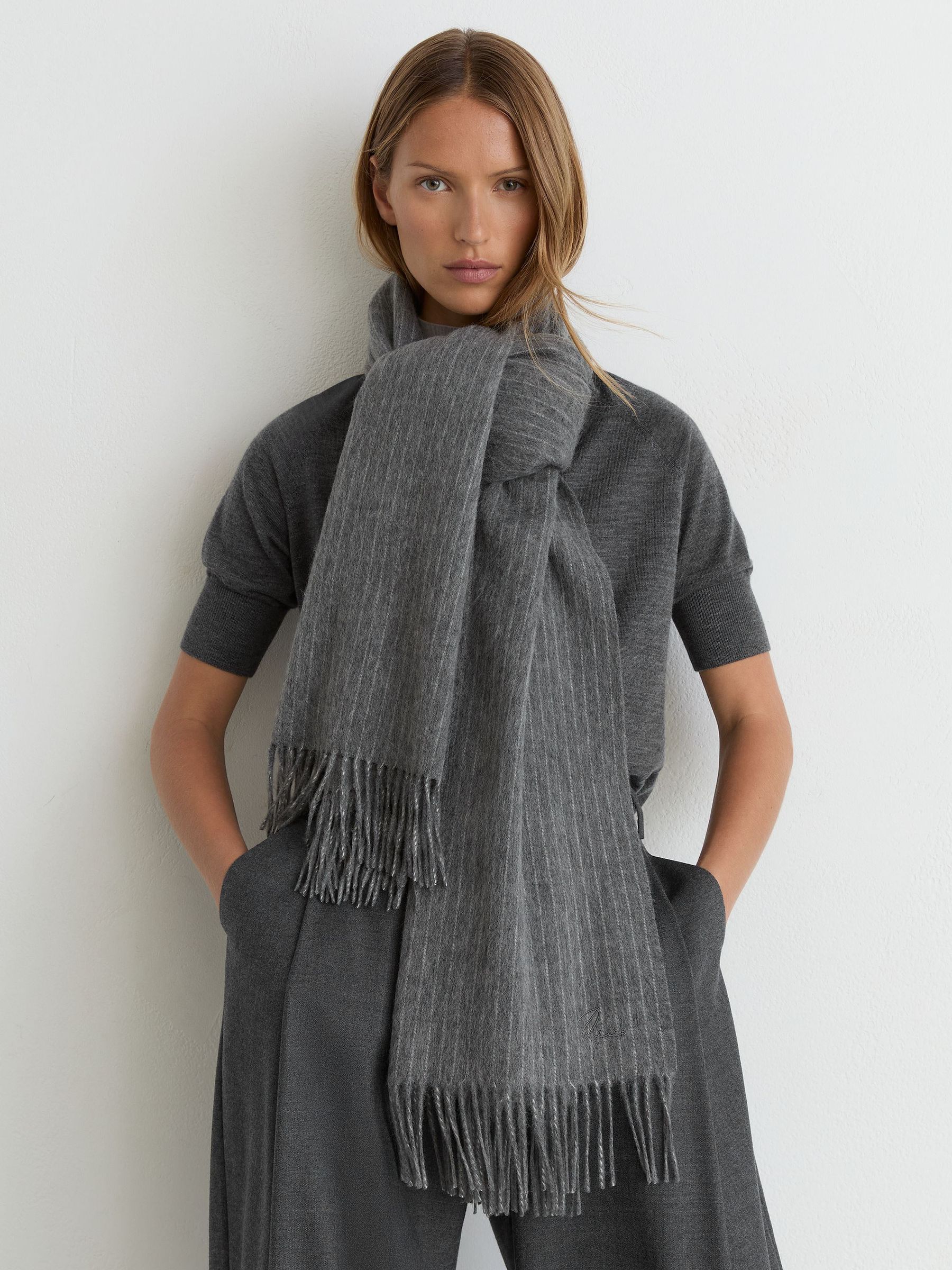 Wool and Cashmere Scarf in Charcoal - Image 1 of 5 Wool and Cashmere Scarf in Charcoal - Image 1 of 5