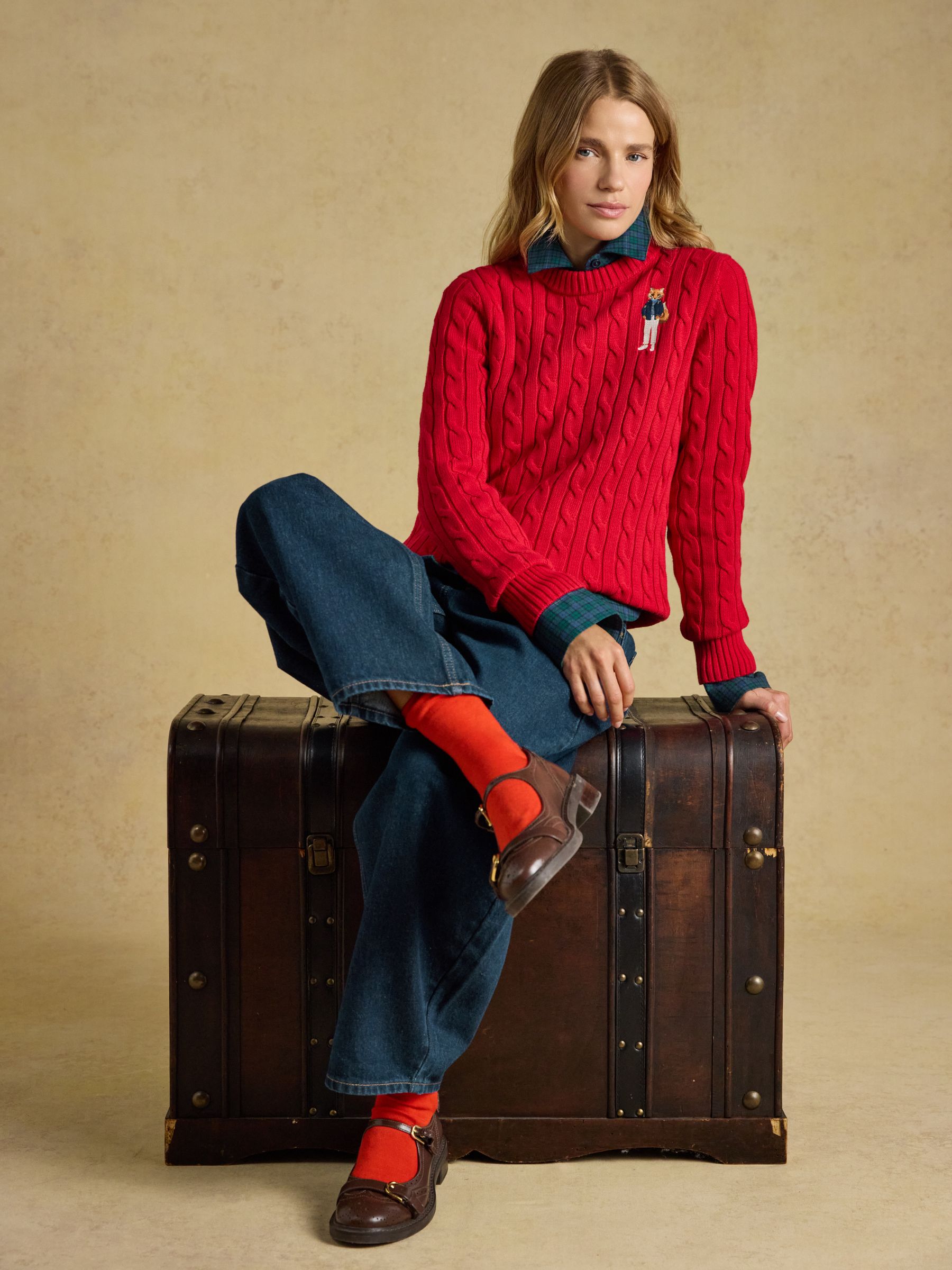 Red Classic Embroidered Jonty Fox Crew Neck Cotton Cable Knit Jumper - Image 3 of 7