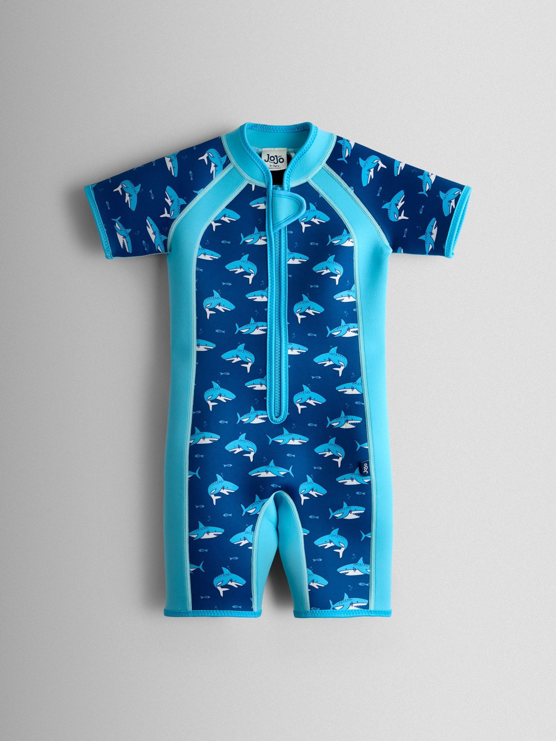Blue Shark Print Junior Wetsuit - Image 1 of 4 Blue Shark Print Junior Wetsuit - Image 1 of 4