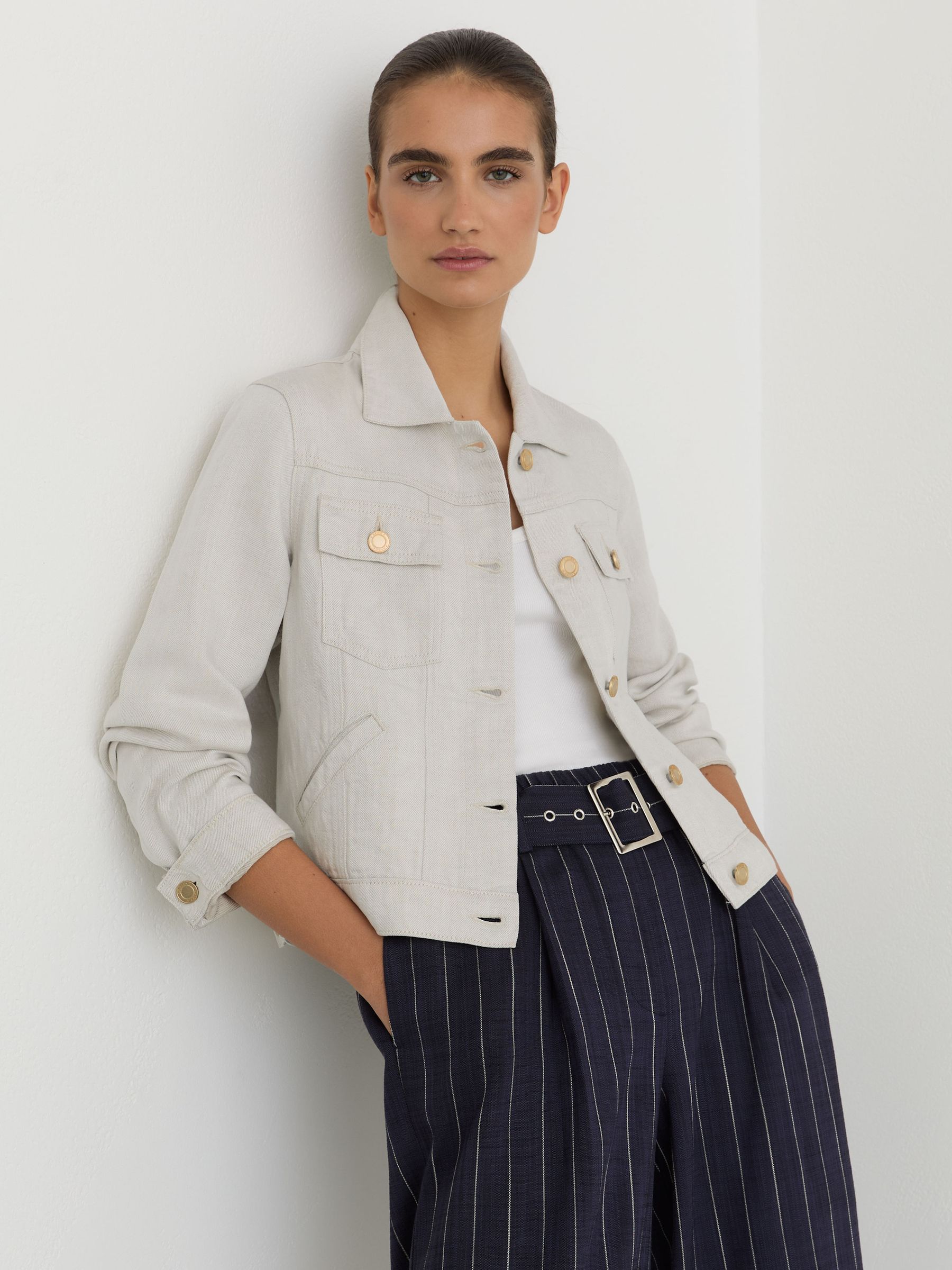 Lyocell-Linen Trucker Jacket in Neutral - Image 1 of 7