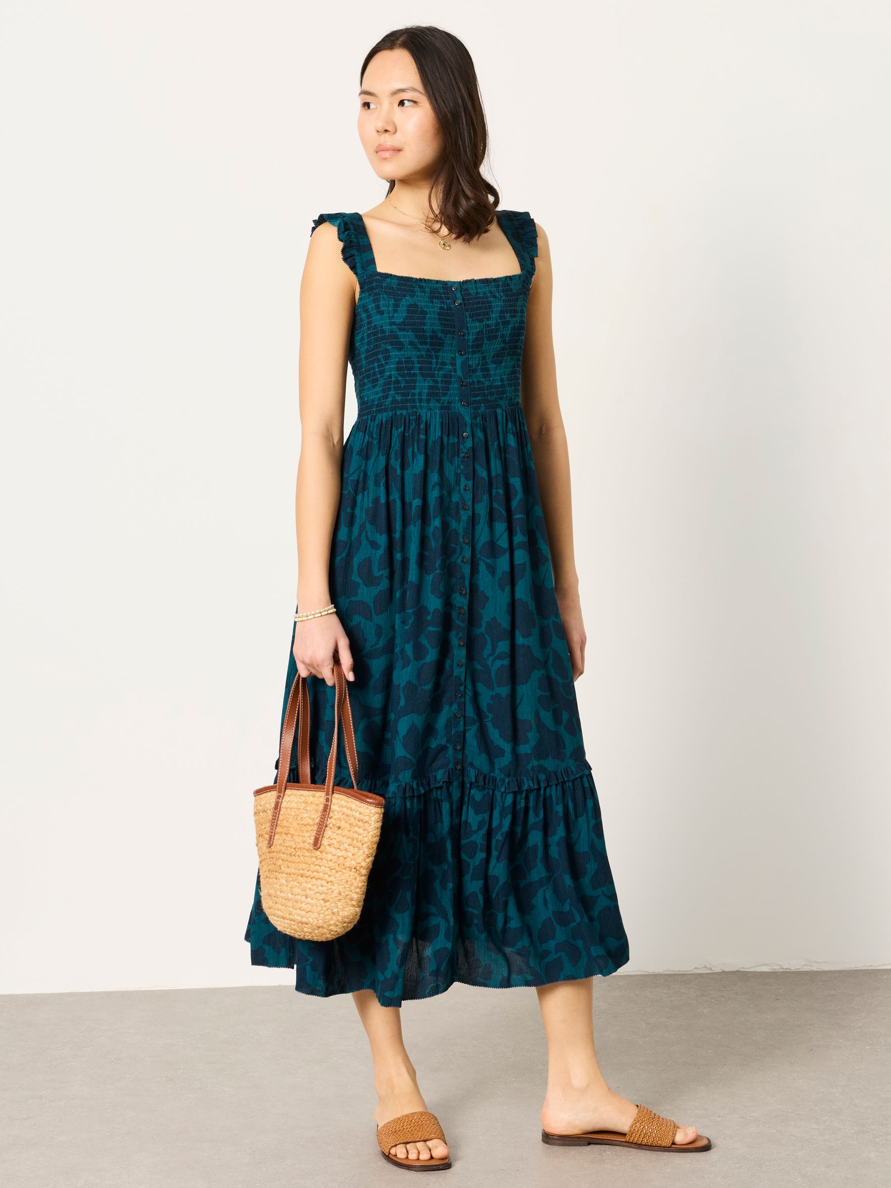 Eva Dark Teal Batik Mono Petite Midi Dress - Image 1 of 5
