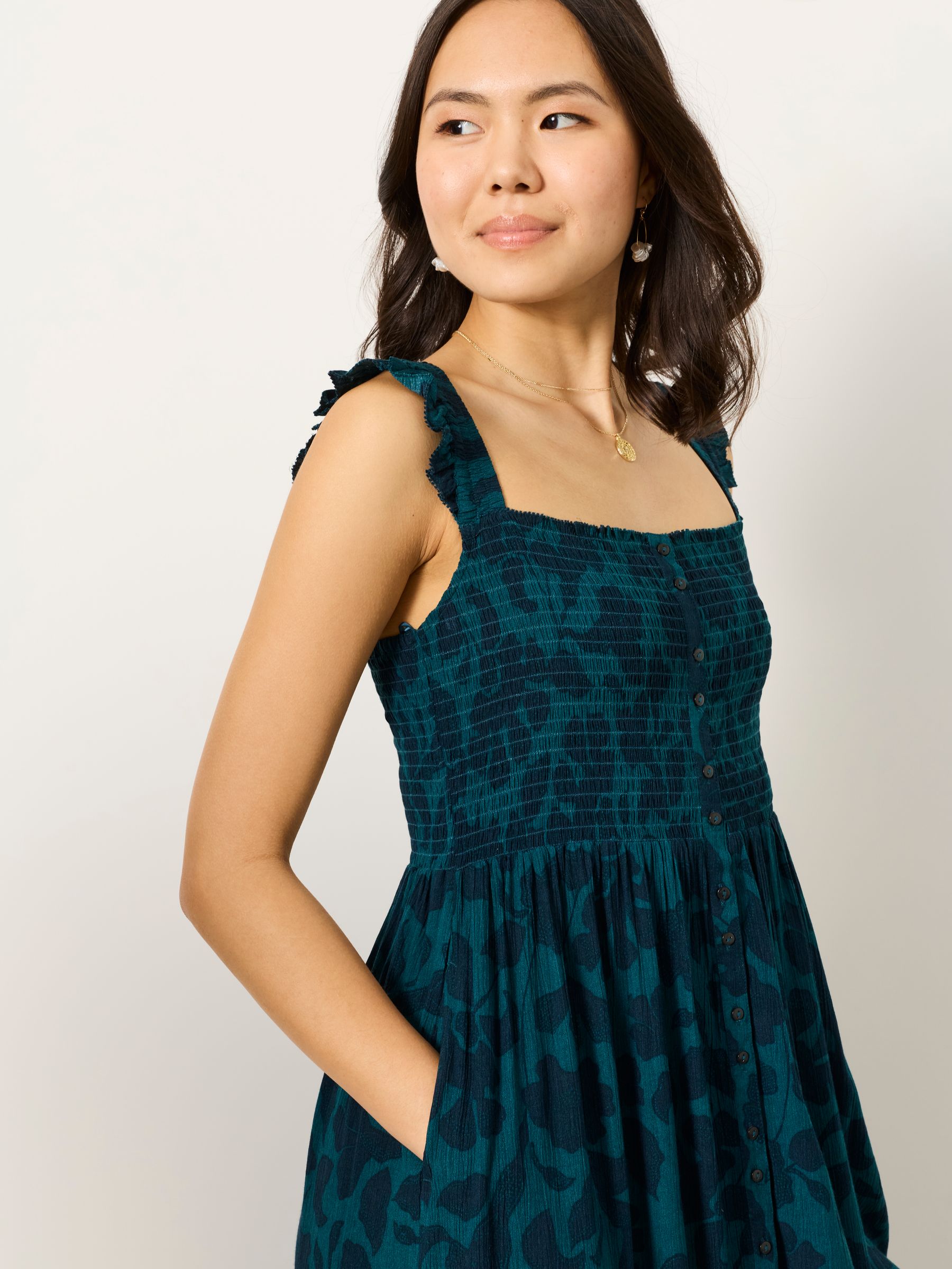 Eva Dark Teal Batik Mono Petite Midi Dress - Image 3 of 5