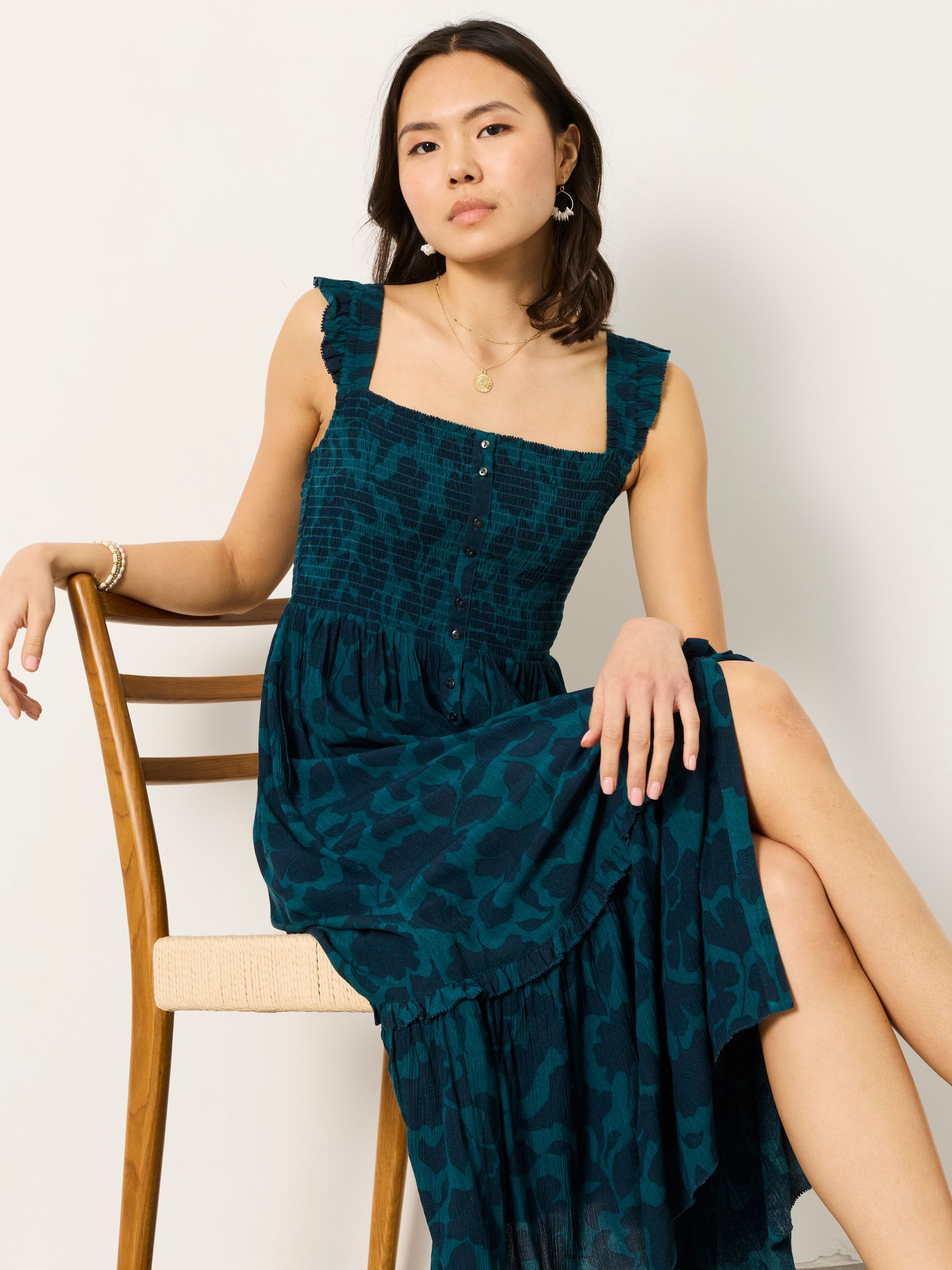 Eva Dark Teal Batik Mono Petite Midi Dress - Image 4 of 5