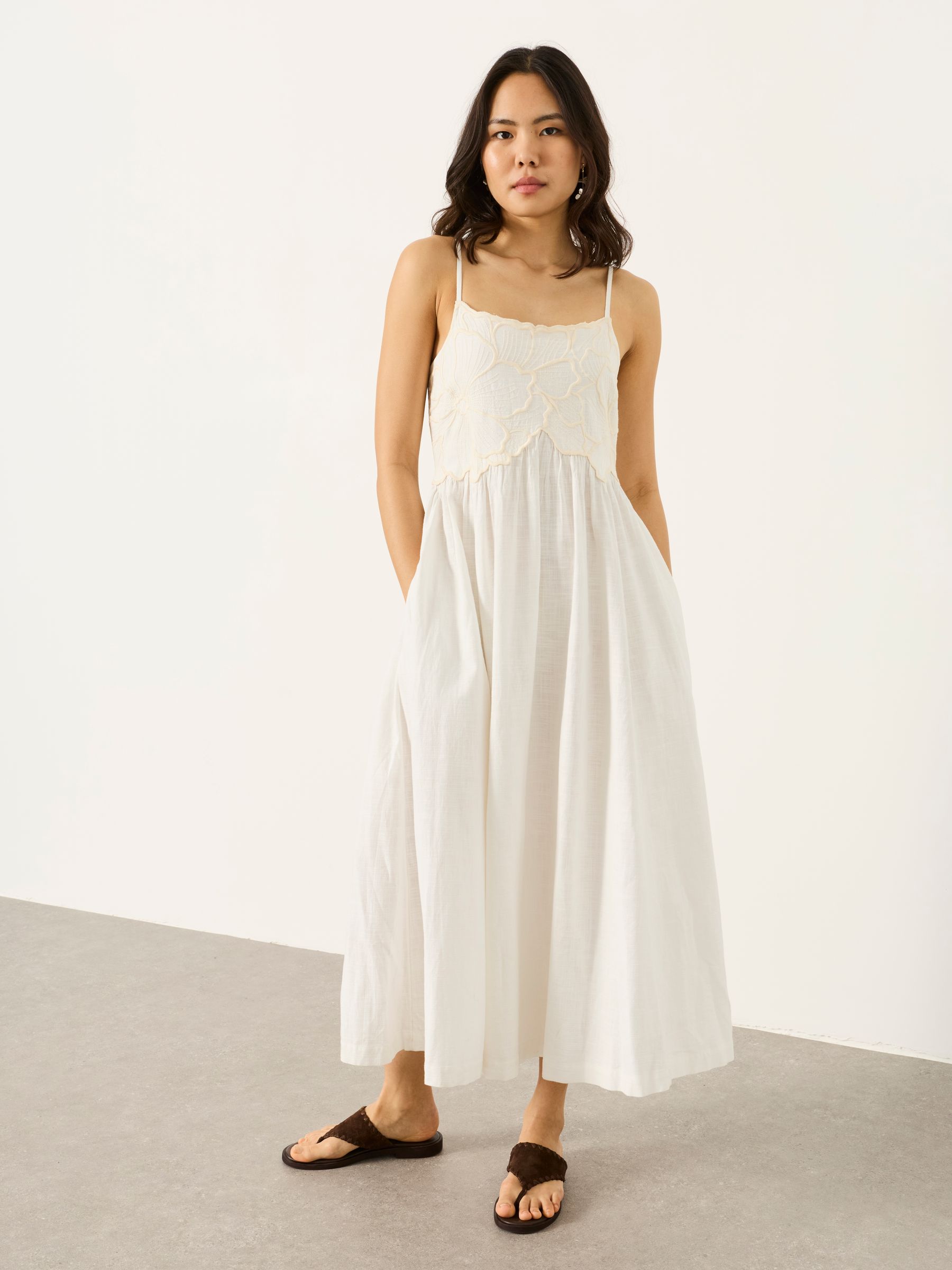v neck white midi dress Avec Les Filles Women's Broderie Anglaise Midi Dress - White