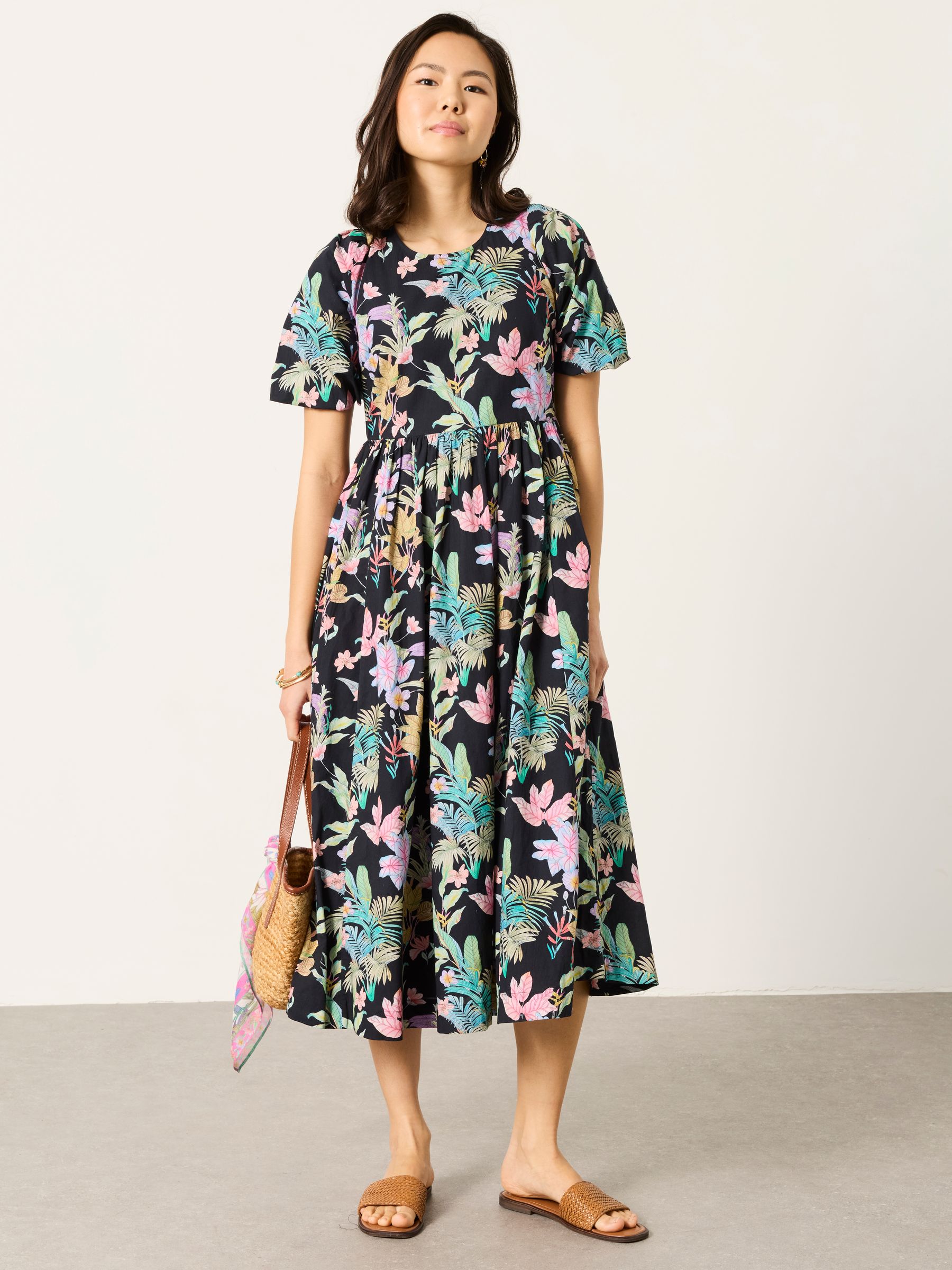 midi petite summer dresses Women's Petite Summer Cotton Tropical Midi Dress, Brown