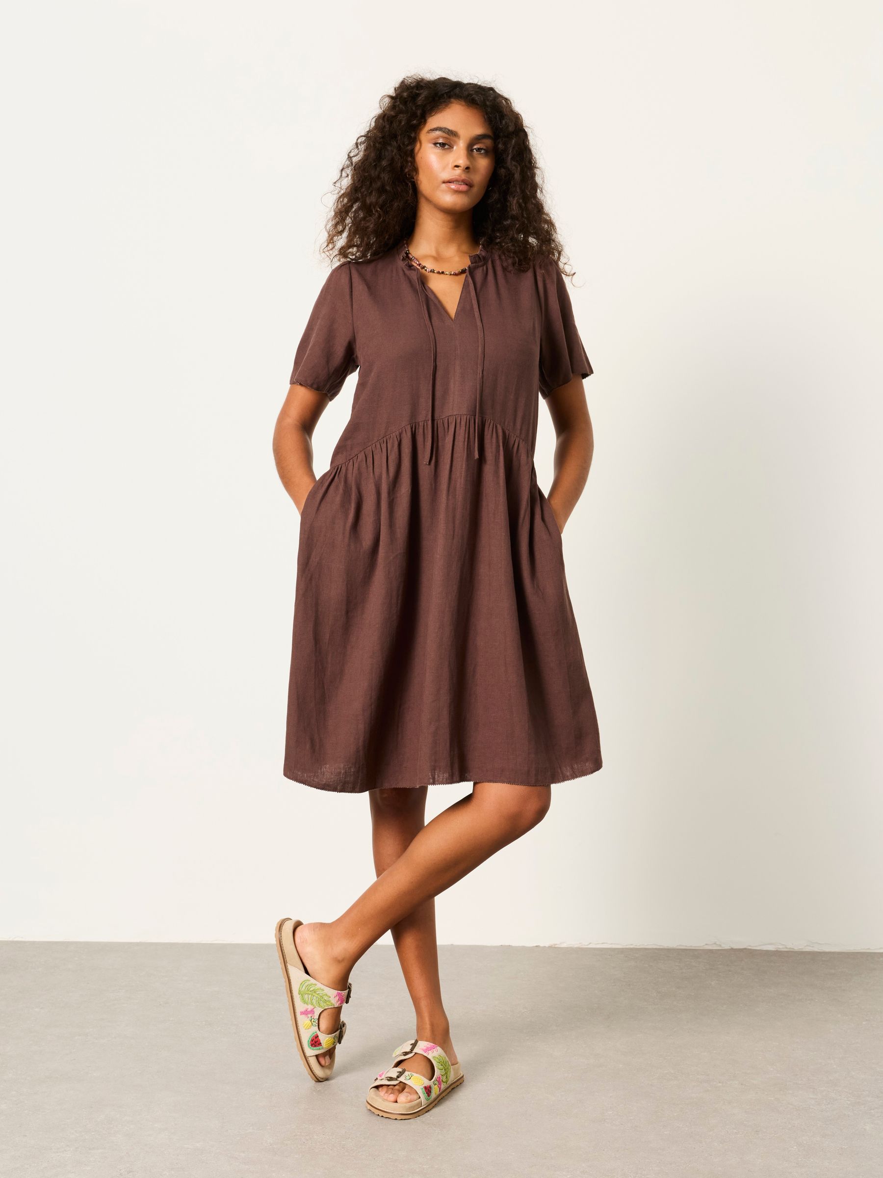 Immy Chocolate Brown Petite Linen Dress | FatFace