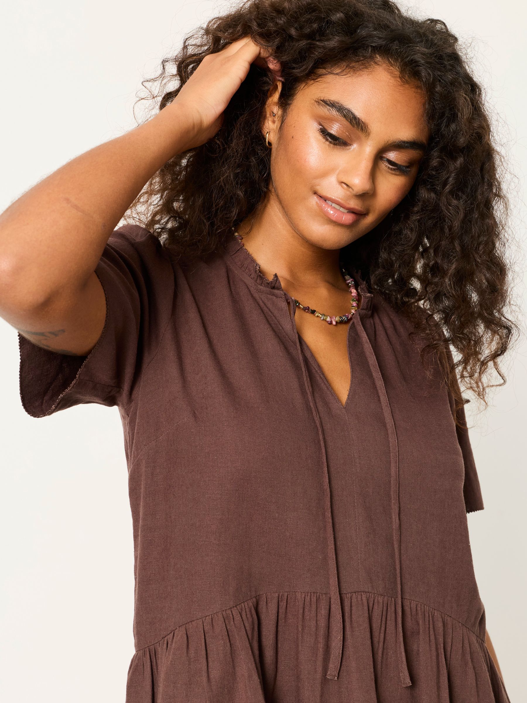 Immy Chocolate Brown Petite Linen Dress - Image 3 of 5
